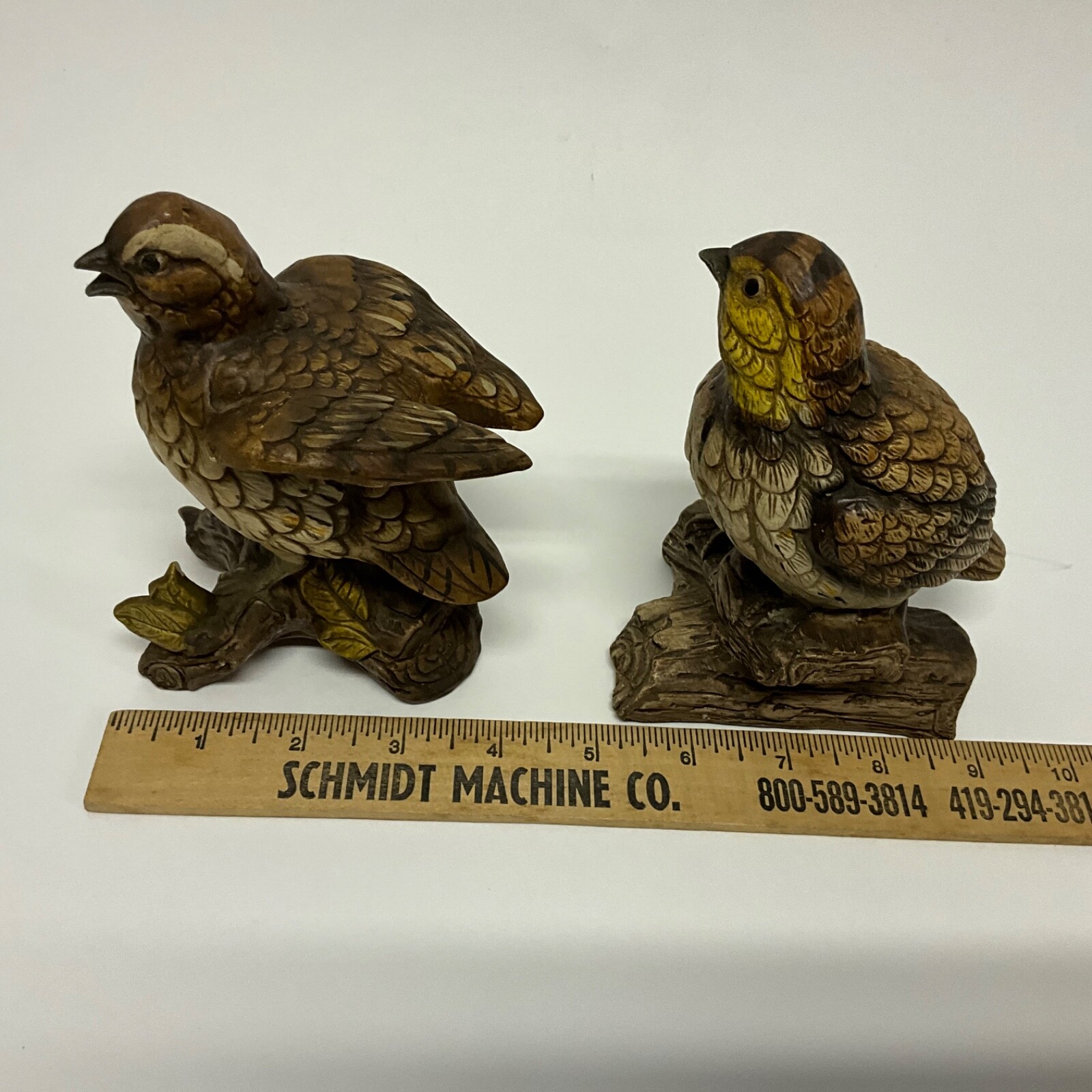 VINTAGE PAIR OF NORLEANS HAND PAINTED CERAMIC BROWN BIRD ON BRANCH FIGURINES 7”