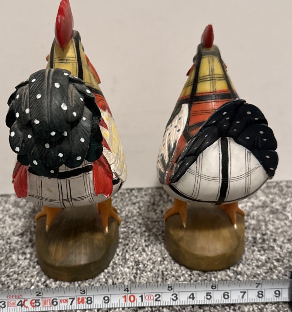 Rooster & Chicken 7” Figurines Plaid Dots Hen Rooster Red Yellow Black White