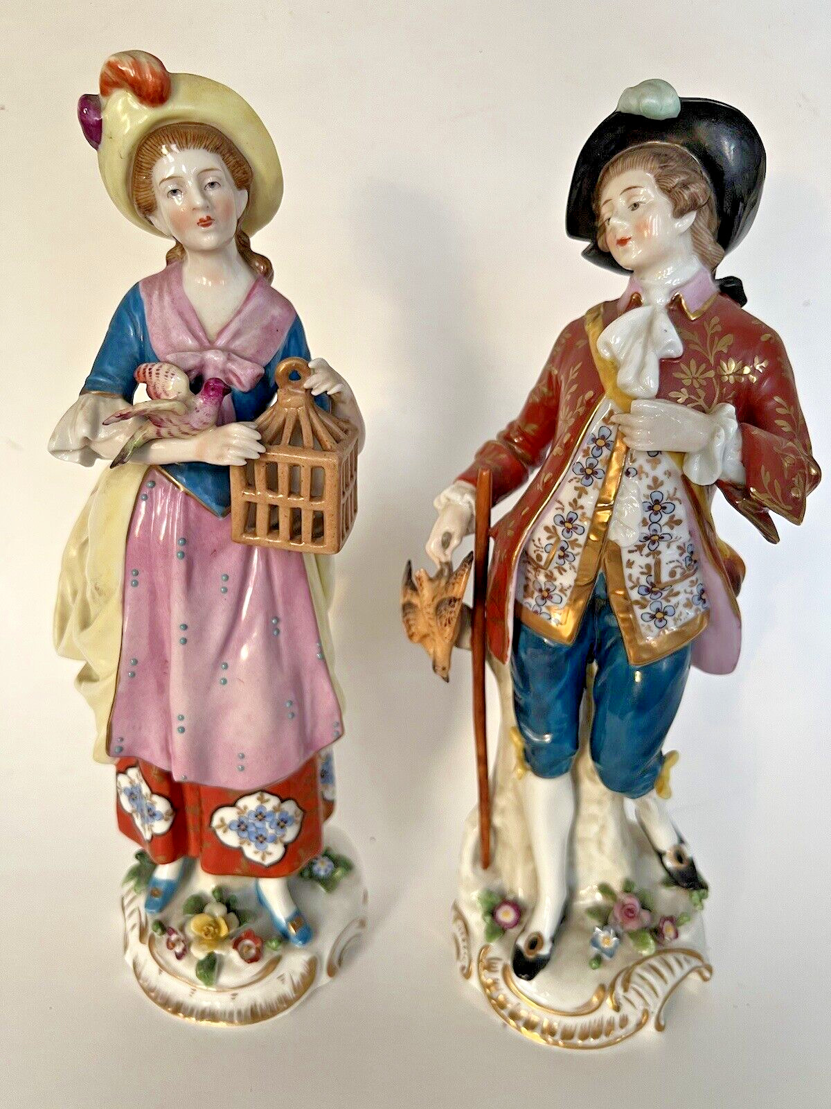 Pair (2) 19th c Chelsea Samson Couple w Birdcage Hunt Bird Figure Statues HP 10″