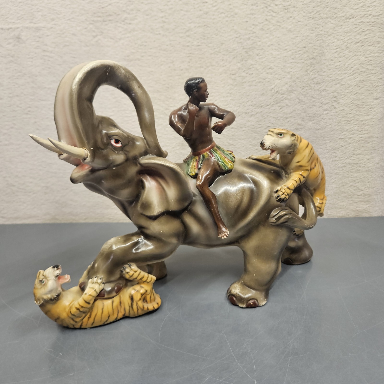 Portuguese Blackamoor Figure Man Riding Elephant Fighting Tigers Vintage MCM