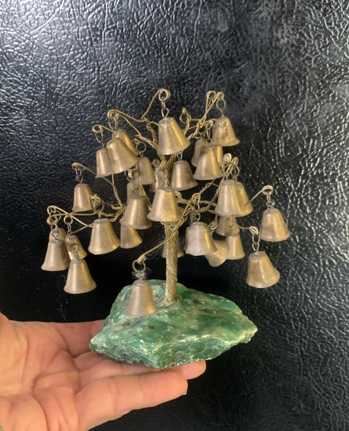 Vtg Copper Twisted Wire Bonsai Prosperity Tree Sculture Amazonite Stone W/Bells