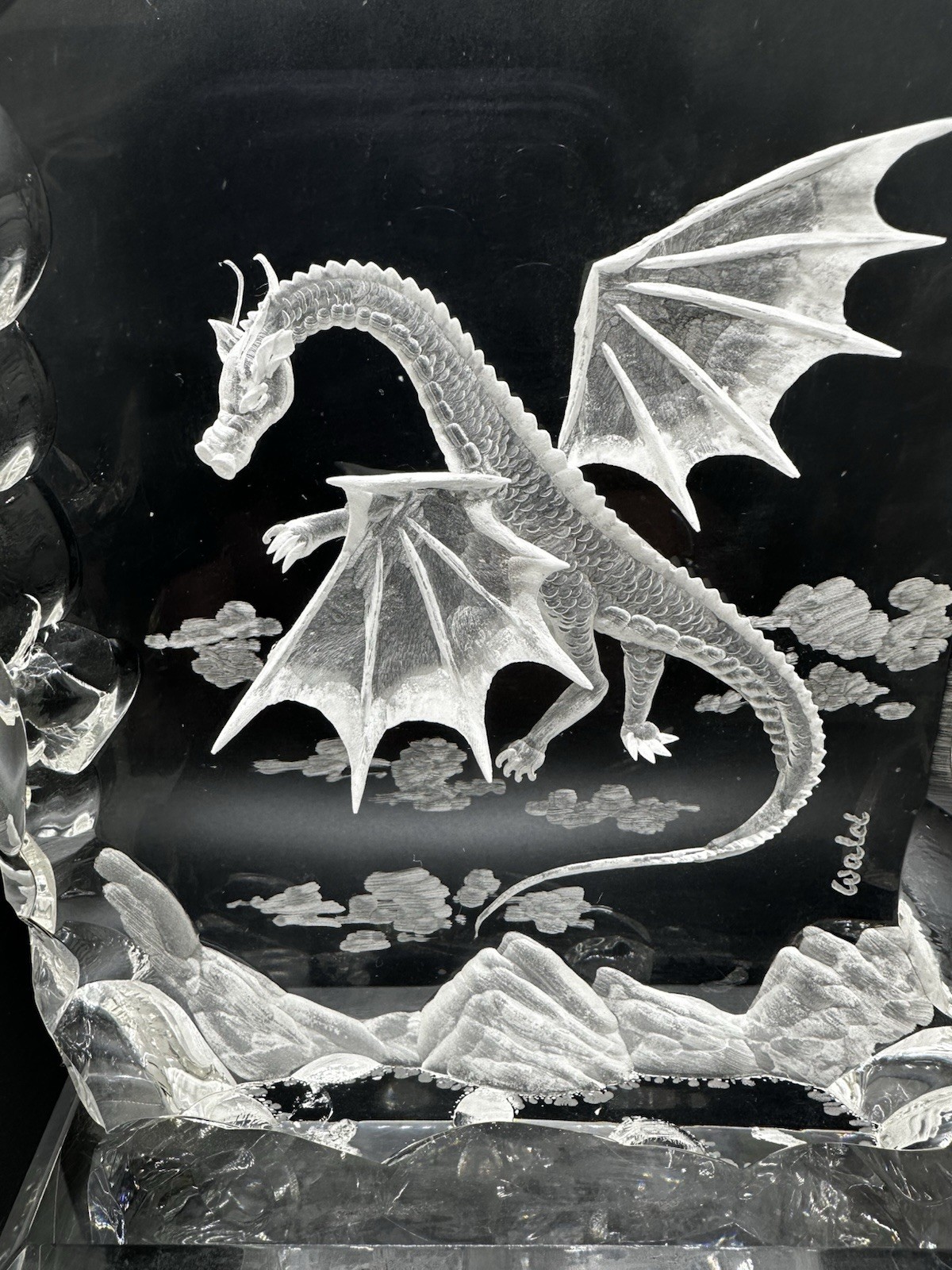 Vintage Wald 80’s Hand Carved Reverse Etched Dragon In Flight Lucite Sculpture