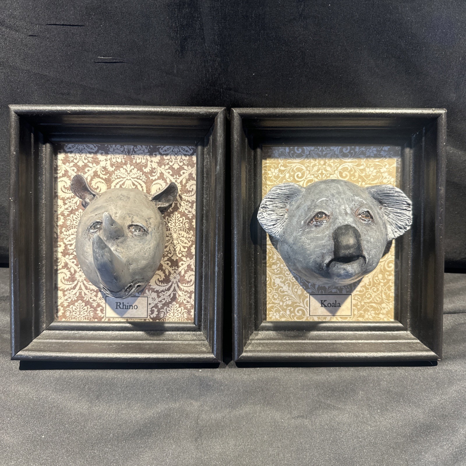 WENDY SIMON Indiana artist Rhino & Koala head painted paper mache Wall Art