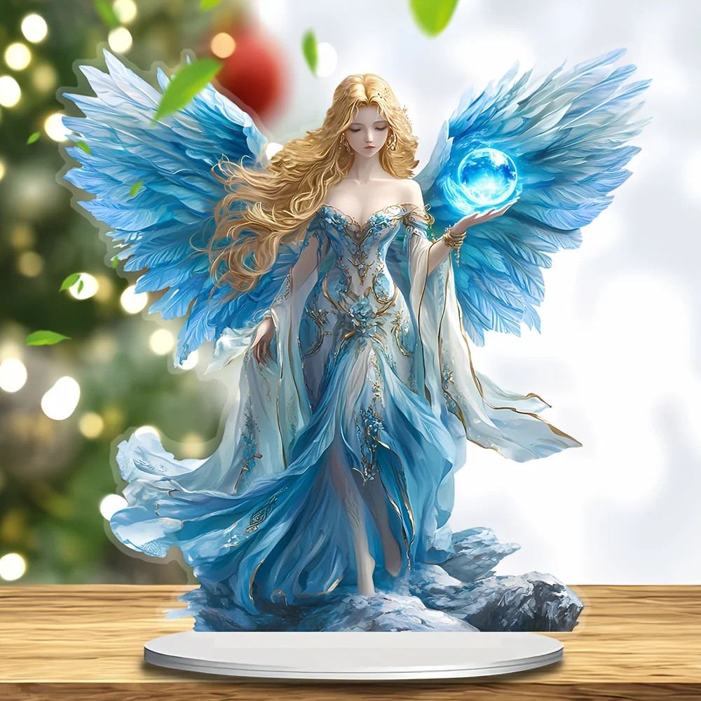 Blue Wing Guardian Angel Statue – Acrylic Desktop Decoration with Bracket