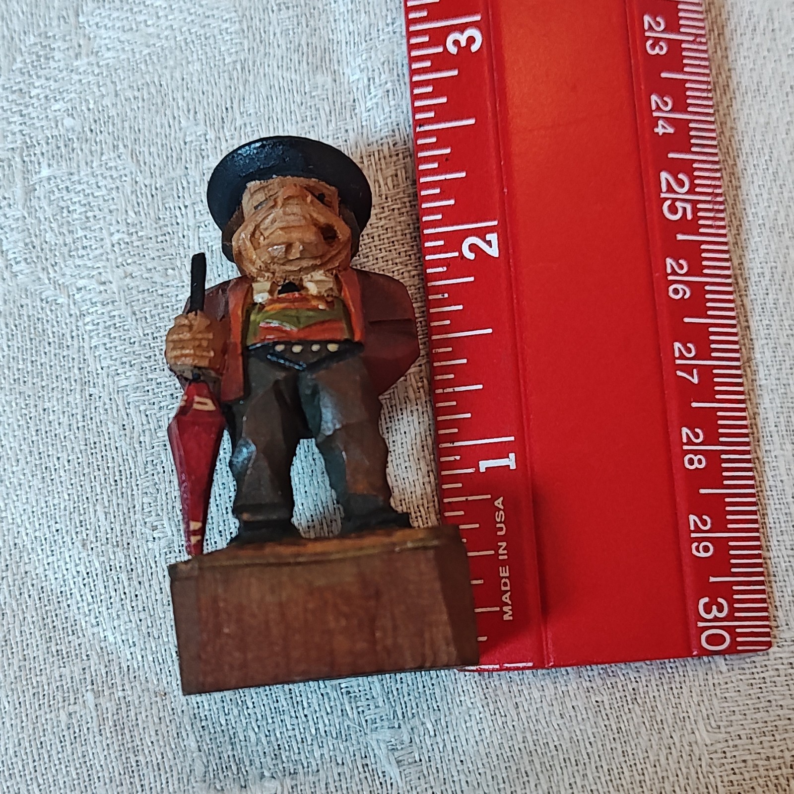 Vintage Folk Art Hand Carved Wooden Figurine w/ Umbrella Hat Italy 2.25in