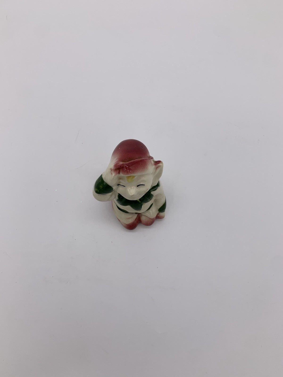 Mid Century Small Ceramic Shelf Table Sitting Pixie Elf Figurine HandPainted 4”