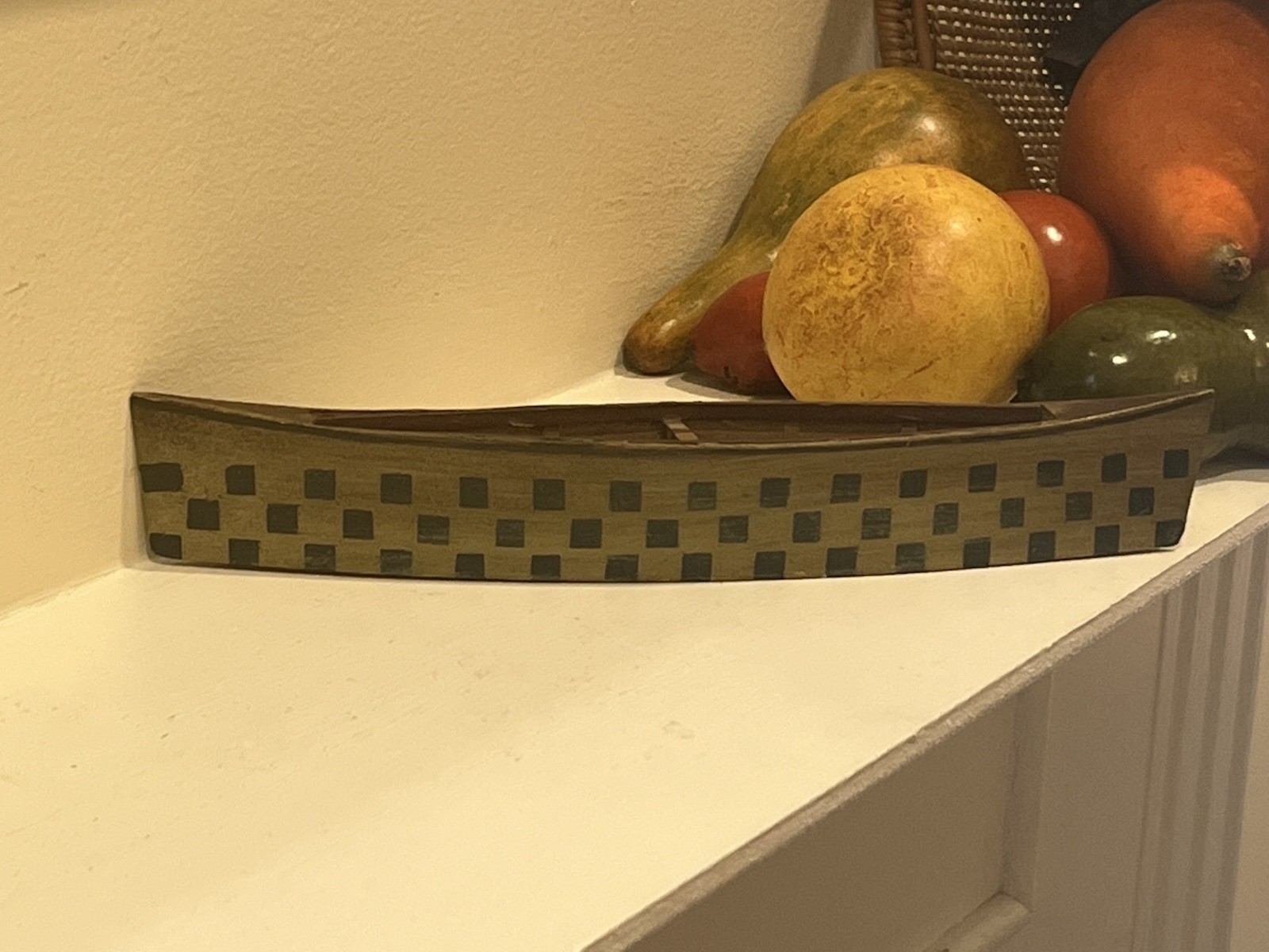 Miniature Decorative Canoe Wood Handcrafted Checkered Hull 9”