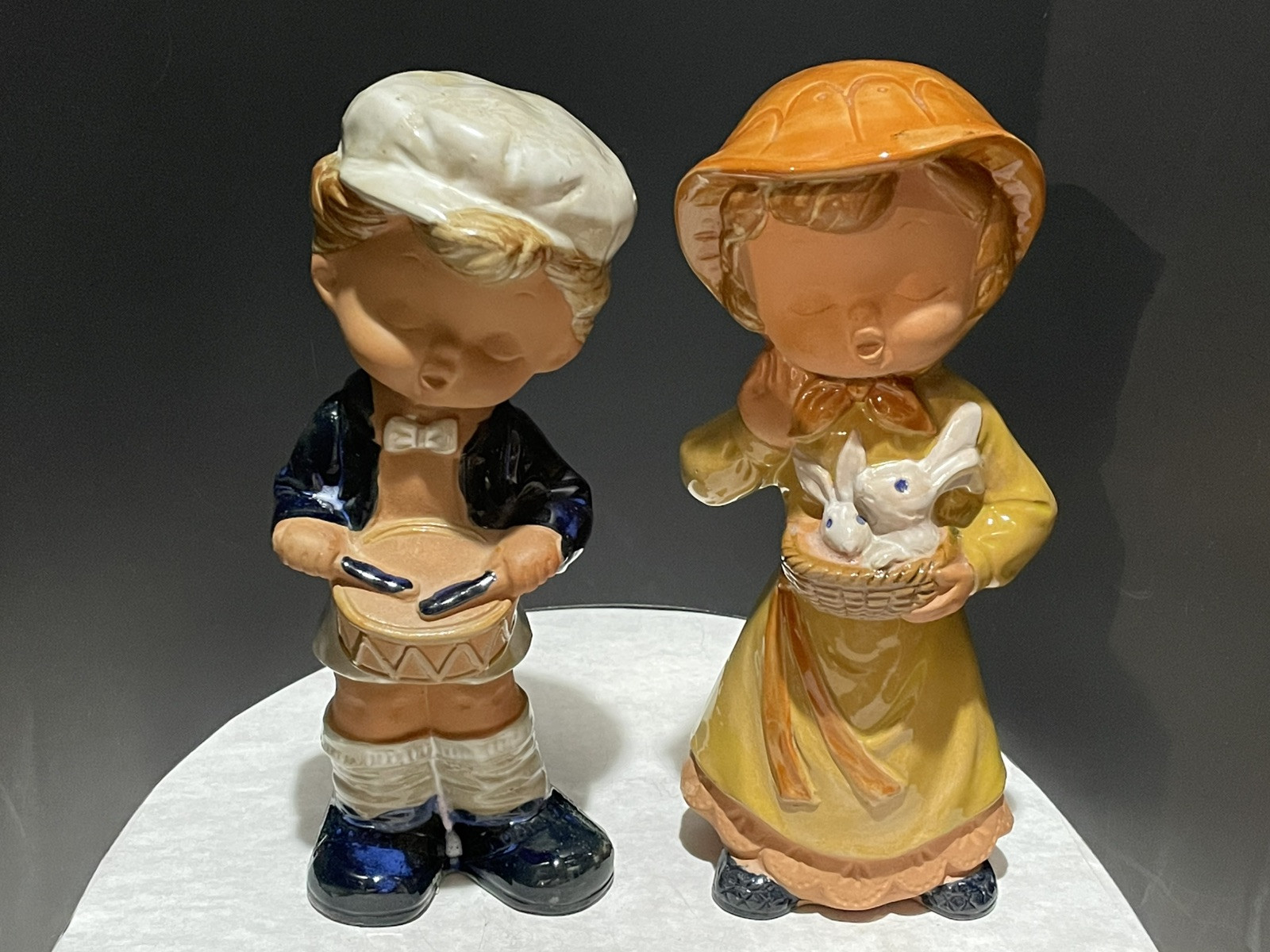Drumming Boy and Girl + Bunnies 8.5 in Tall Japan Handcrafted Gift