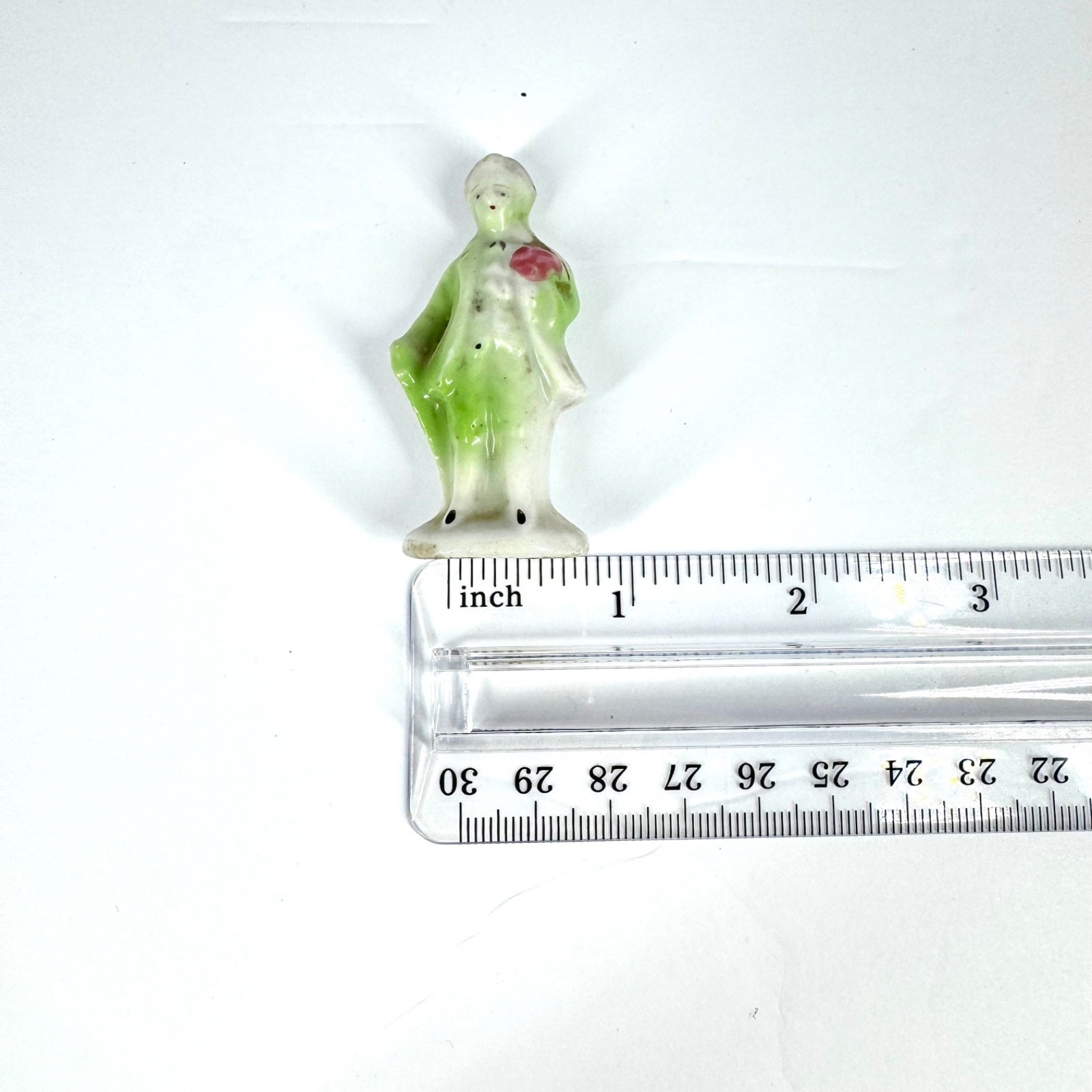 Vintage Japan Miniature Boy Figurine Green Coat Red Rose Porcelain