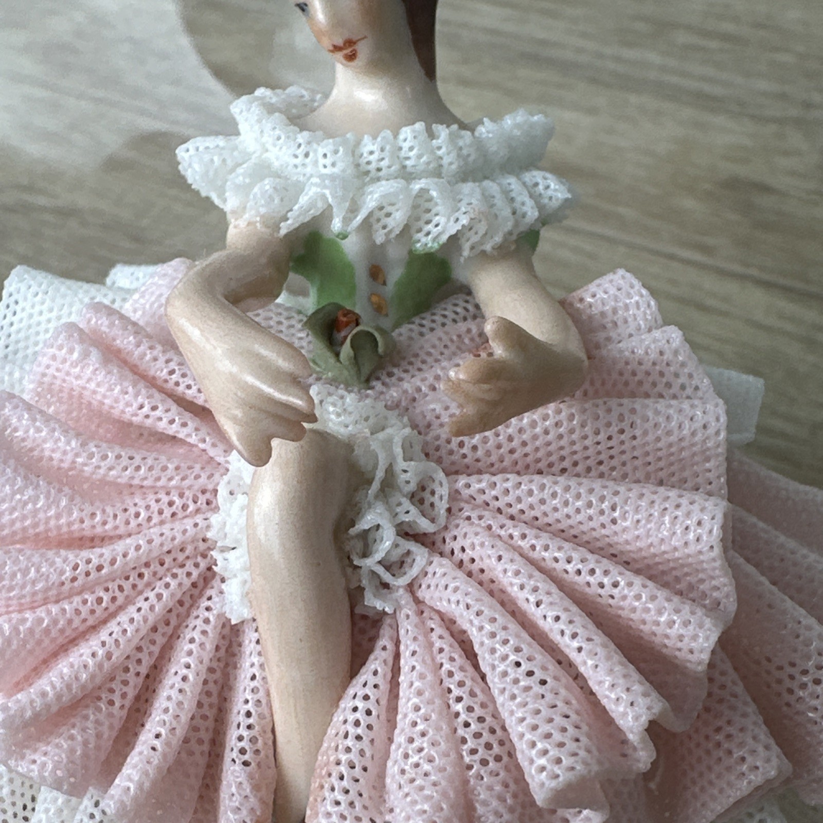 Vintage German Dresden Lace Ballerina Figurine Pink Tutu 3″ In Original Box NIB