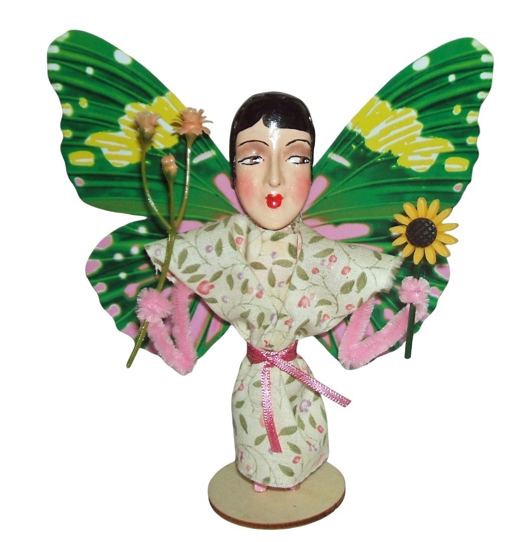 BOUDOIR ART DOLL FLAPPER GIRL Butterfly Beauty Kitsch Decor Mixed Media