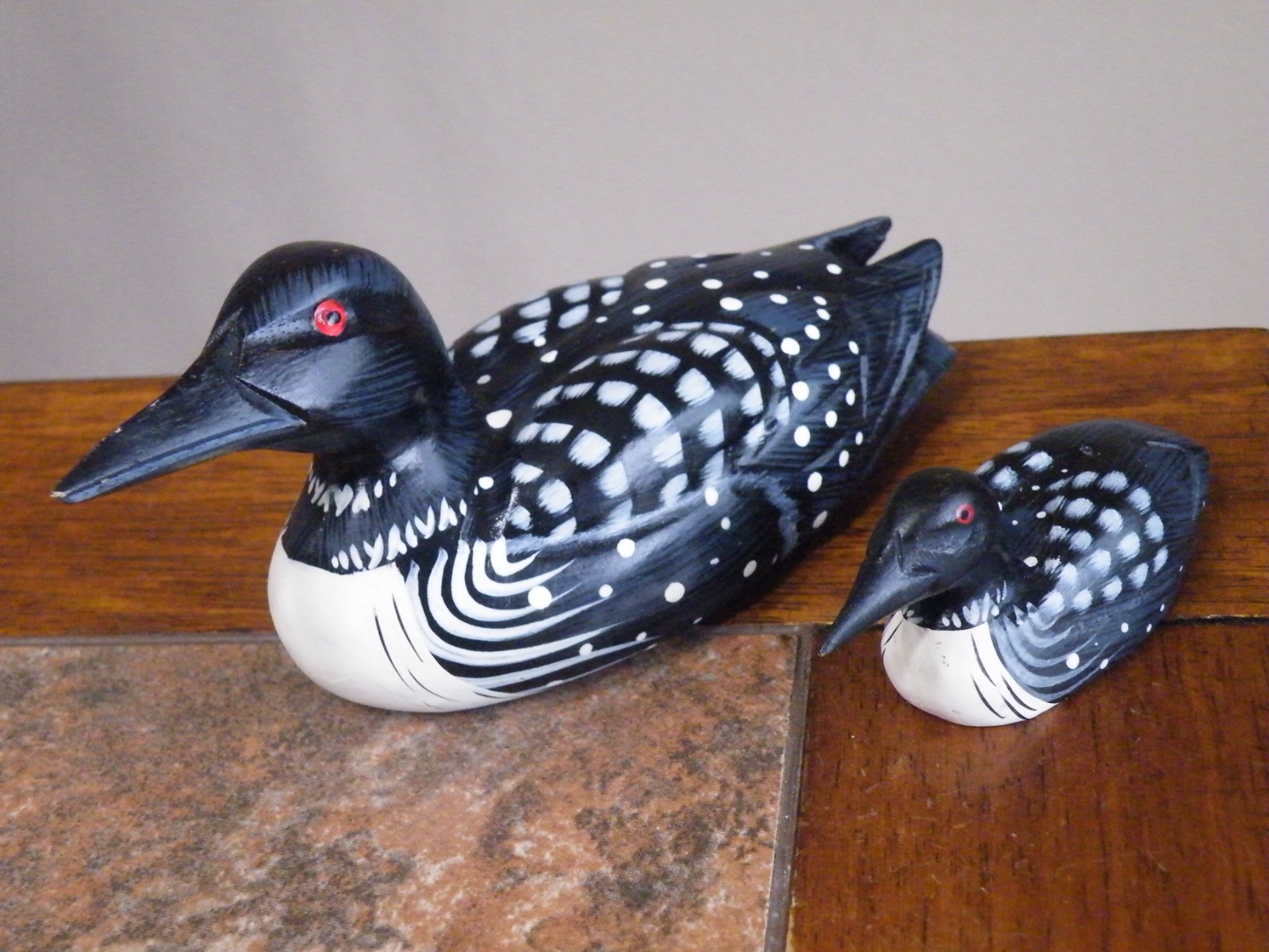 2 – Hand Carved Wooden Loon Bird Figurines 6″ & 3.25″ Long – FREE SHIP