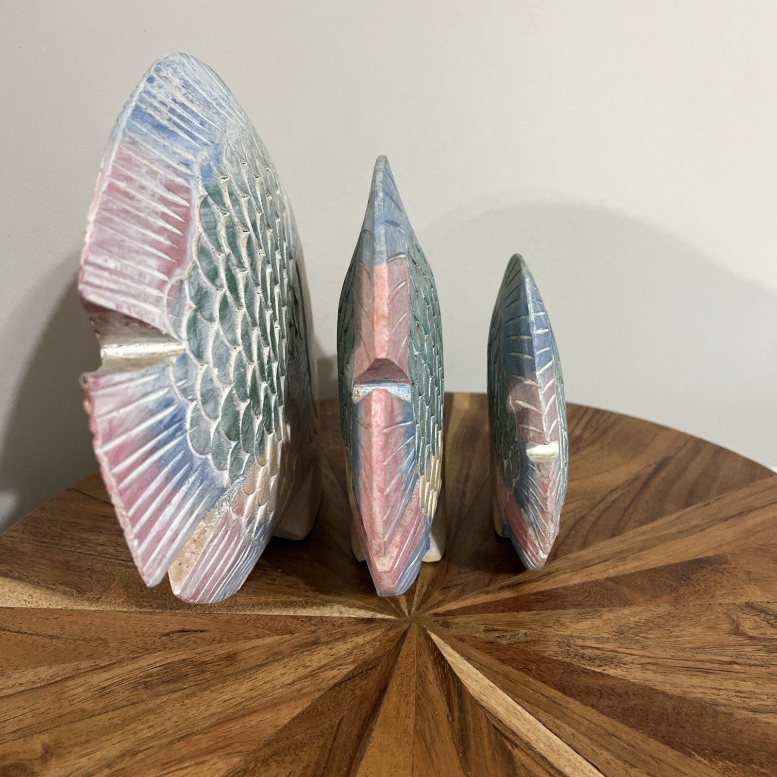Hand Carved Wooden Tropical Fish Sculpture Coastal Decor Set Of 3 Beachhouse