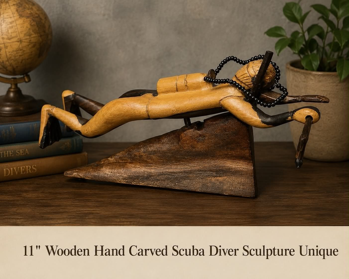 Vintage Hand Carved Wood Scuba Diver Figure Folk Art Nautical Beach House Decor