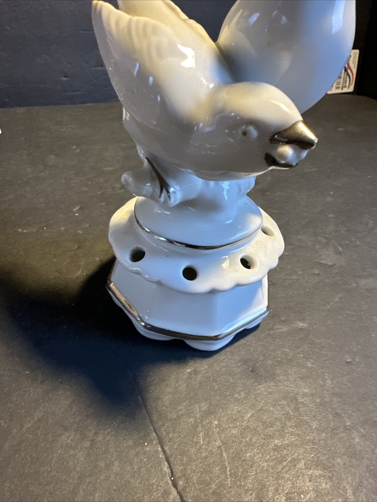 VTG. DRESDEN Porcelain White & Silver Flower Frog Figurine 8 holes w/Birds #R68