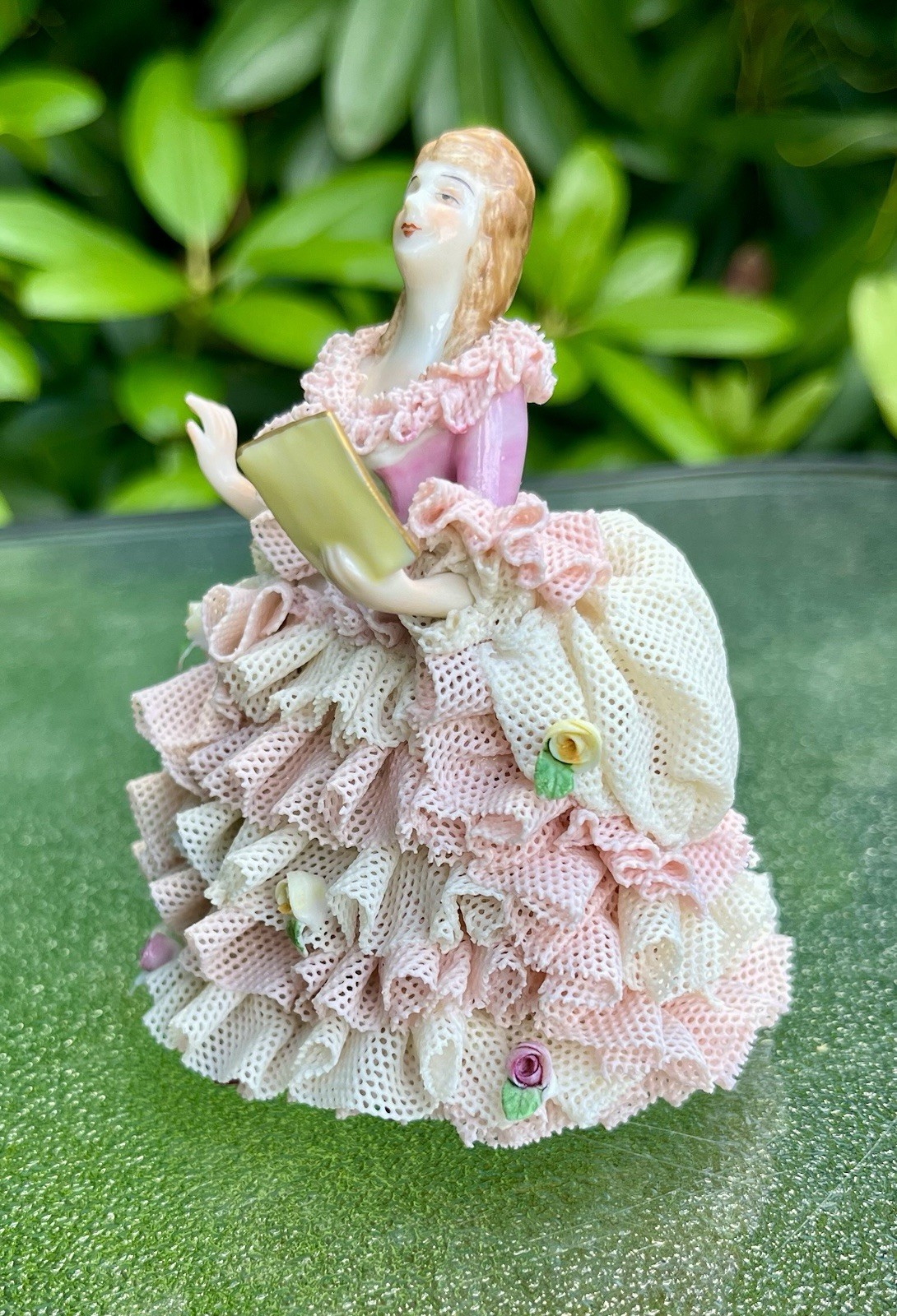 Vintage Porcelain Small MZ Irish Dresden Pink Lace Lady Holding Song Book 4″
