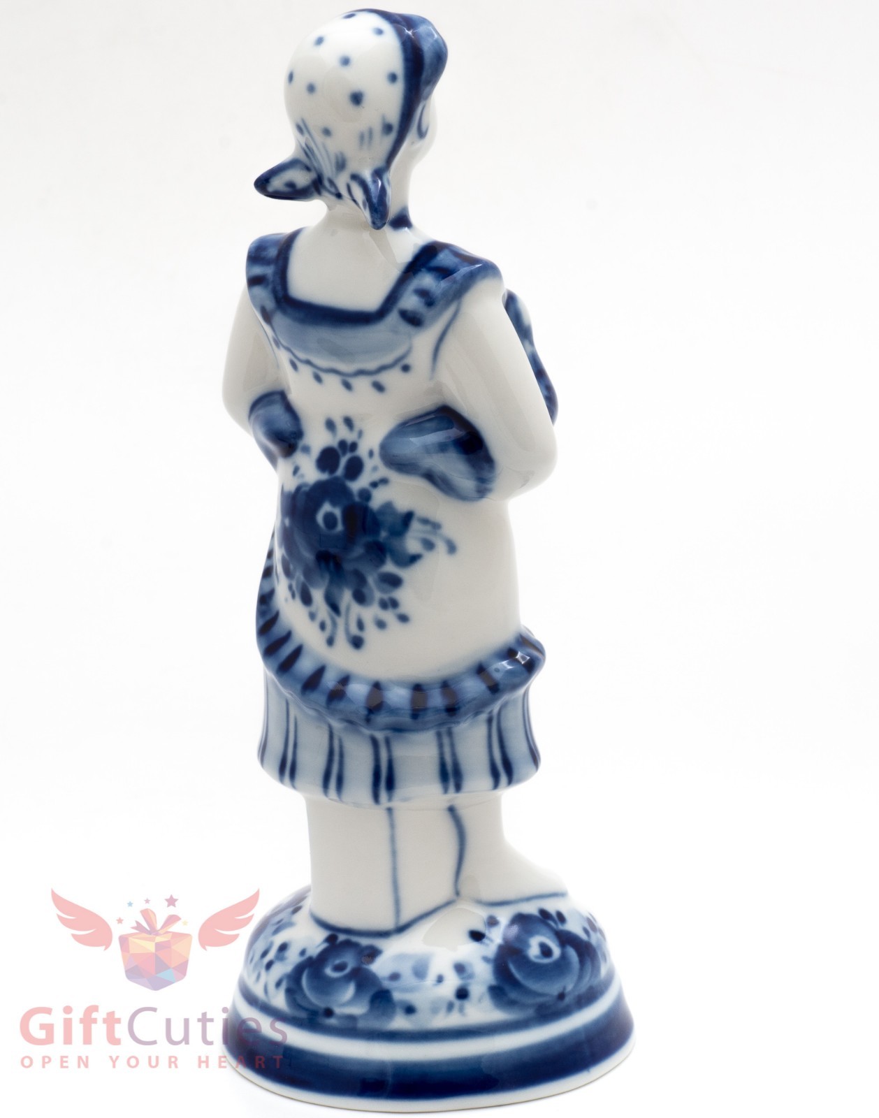 Gzhel Russian Handpainted Porcelain Folk Figurine peasant woman with birds