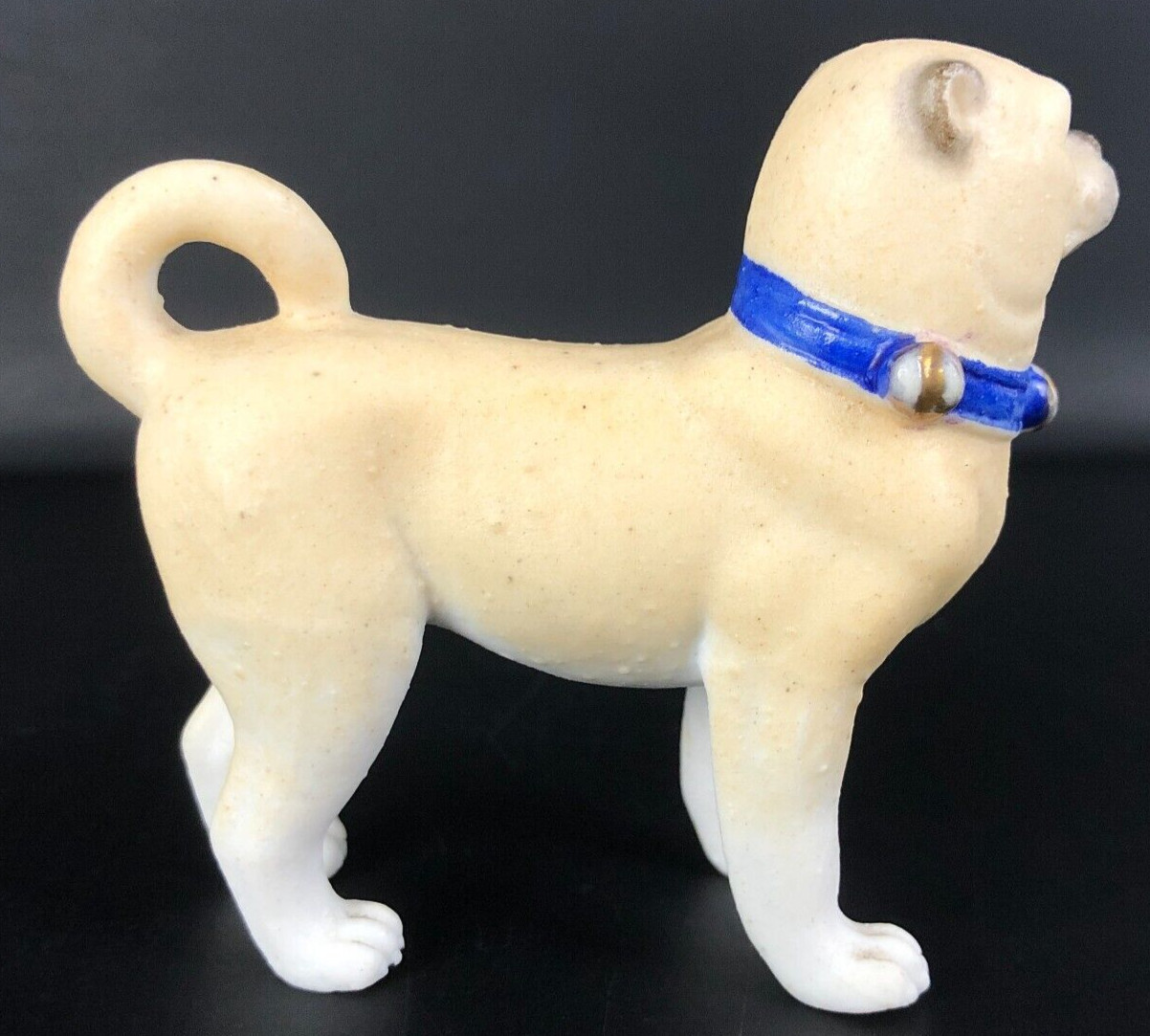 ANTIQUE 1900S PUG DOG Figure Victorian Dollhouse Miniature Bisque Figurine 2.50″