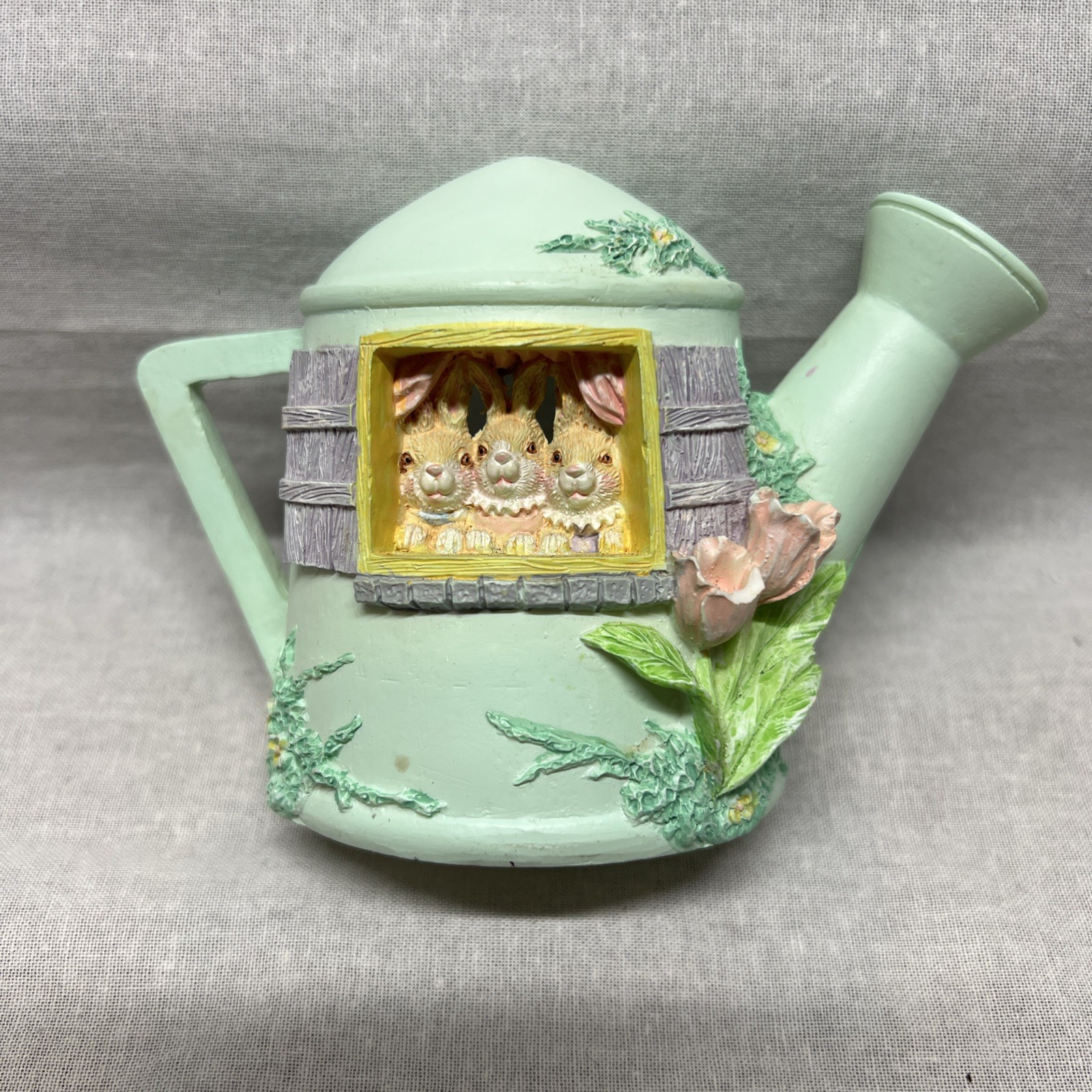 Russ Berrie Li’l Cozy Cottage Sculpstone Watering Can Cottage Bunnies Easter