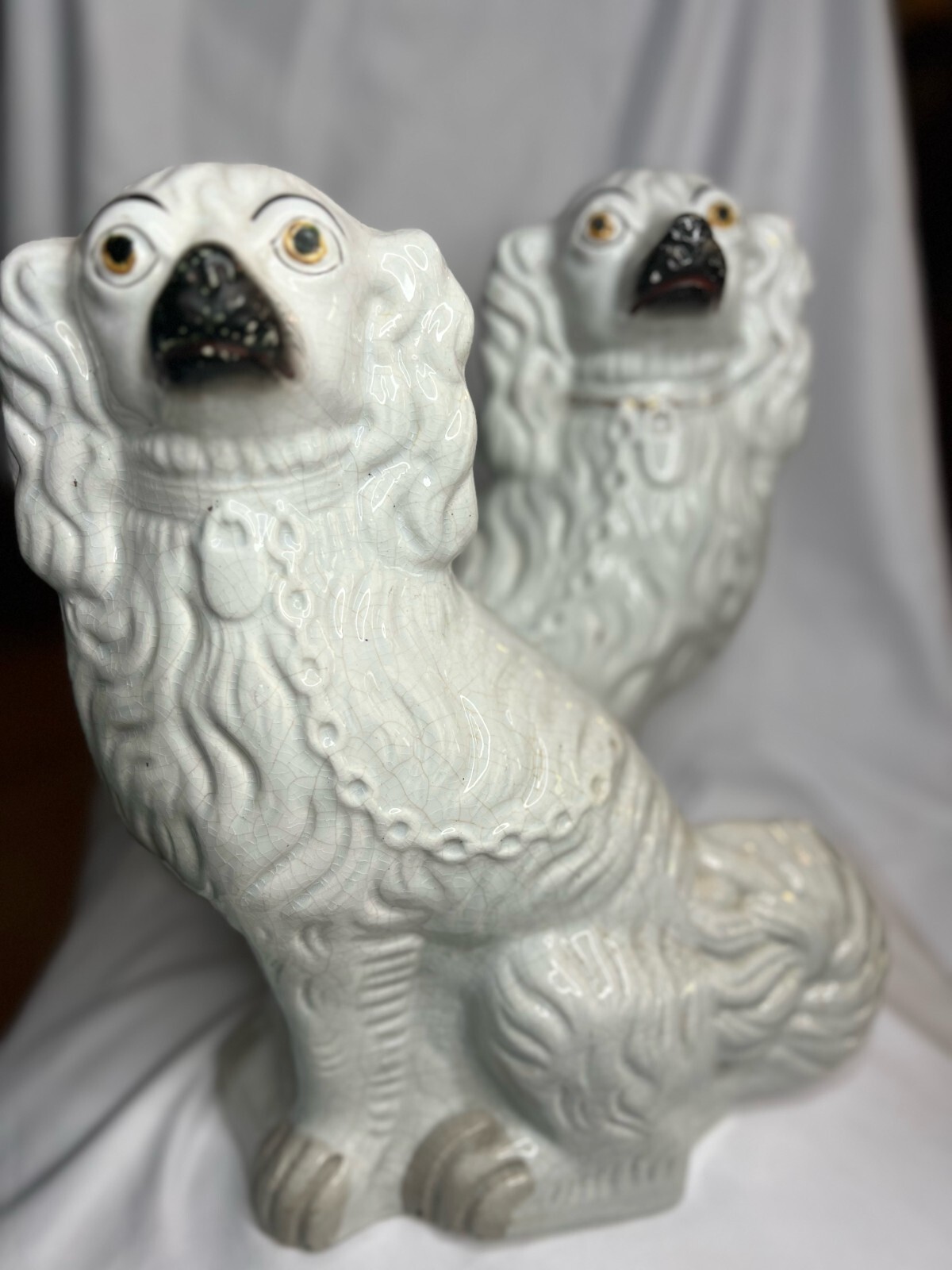 Set of 2 Vtg Staffordshire Ware Kent England 12” White Gold Mantle Dogs Spaniels