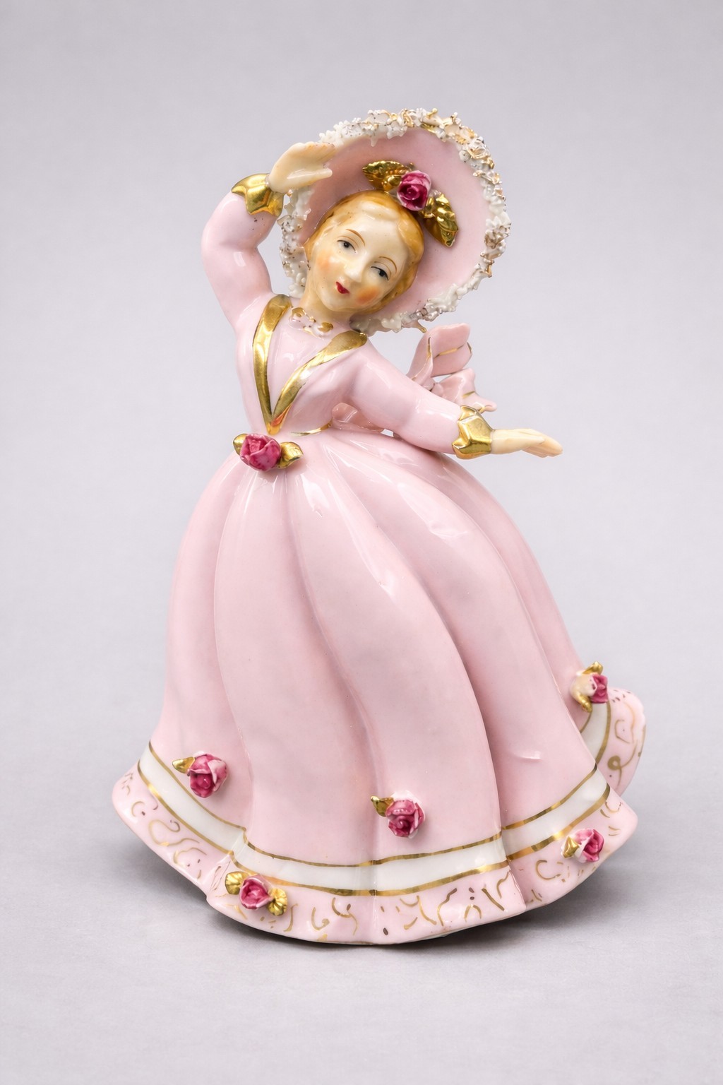 Vintage Lefton Windblown Girl Figurine Pink Dress Gold Trim 1955 KW386 Japan
