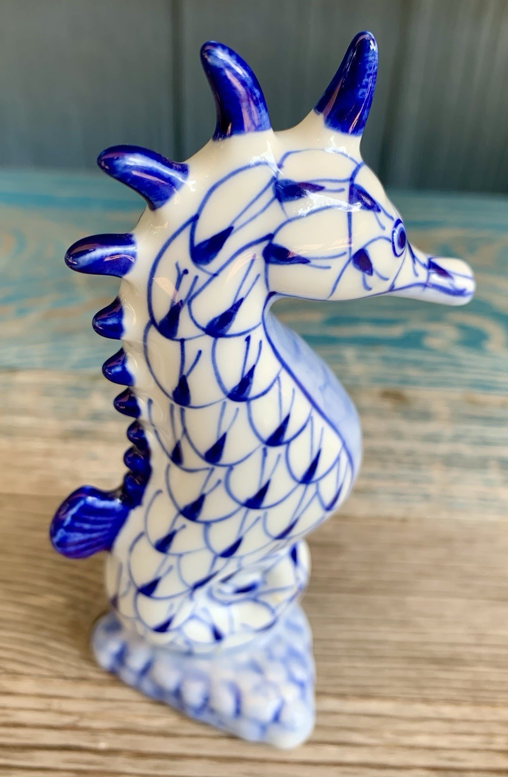 Andrea by Sadek Blue & White Fishnet Porcelain Seahorse, Starfish, Conch Shell
