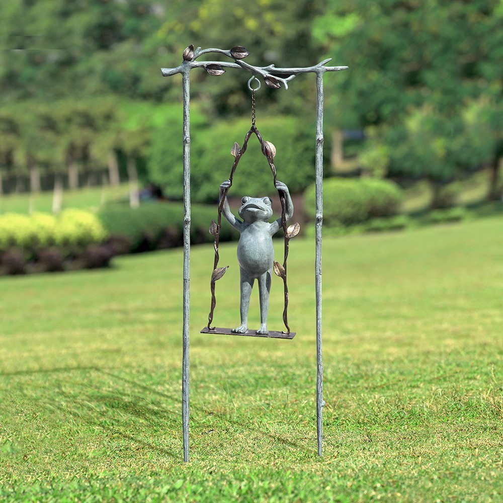 Daredevil Frog on Swing Garden Stake Aluminum Whimsical Outdoor Yard Decorative