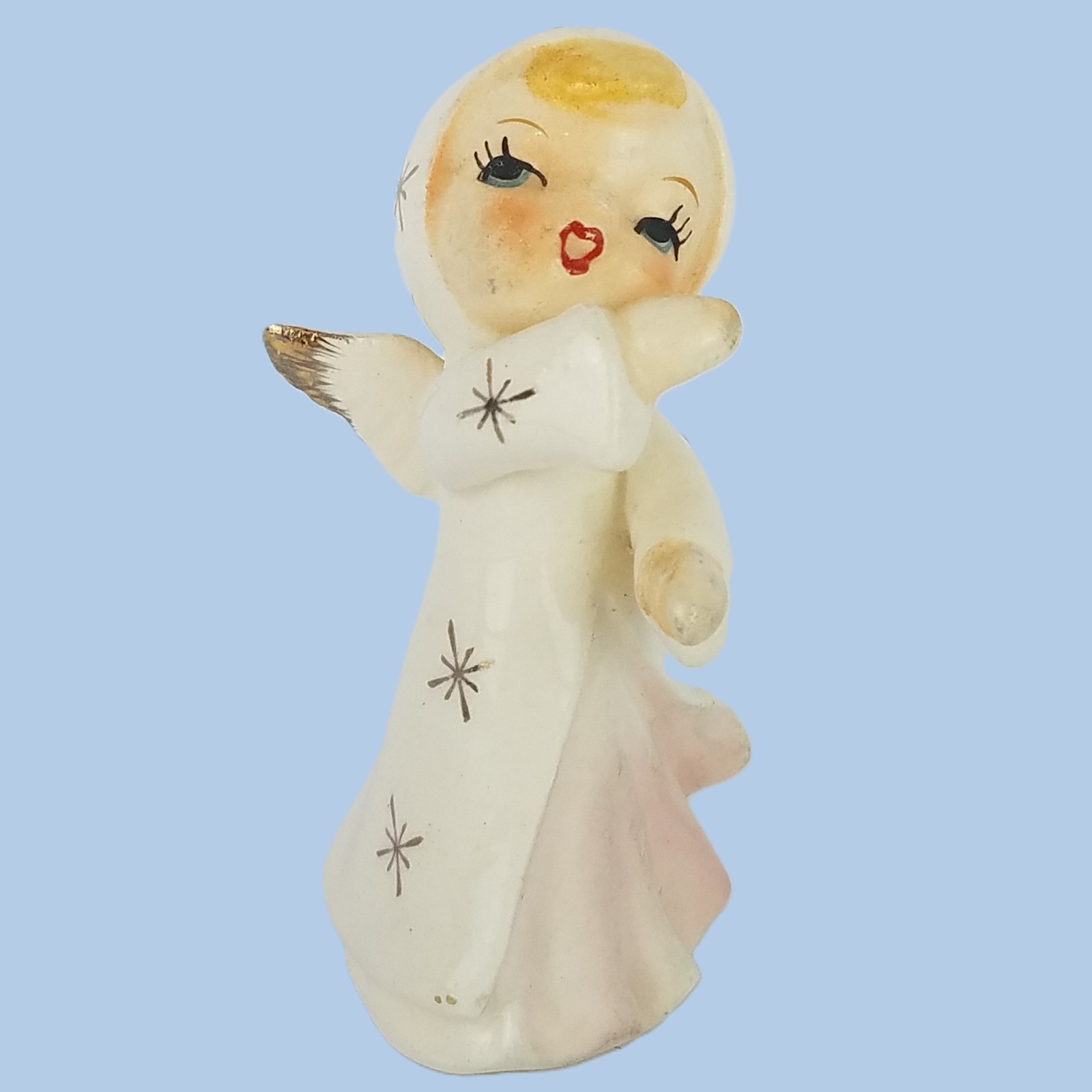 50s Dancing Angel Figurine Red Japan Atomic Star Robe Pink Dress Gold Trim MCM