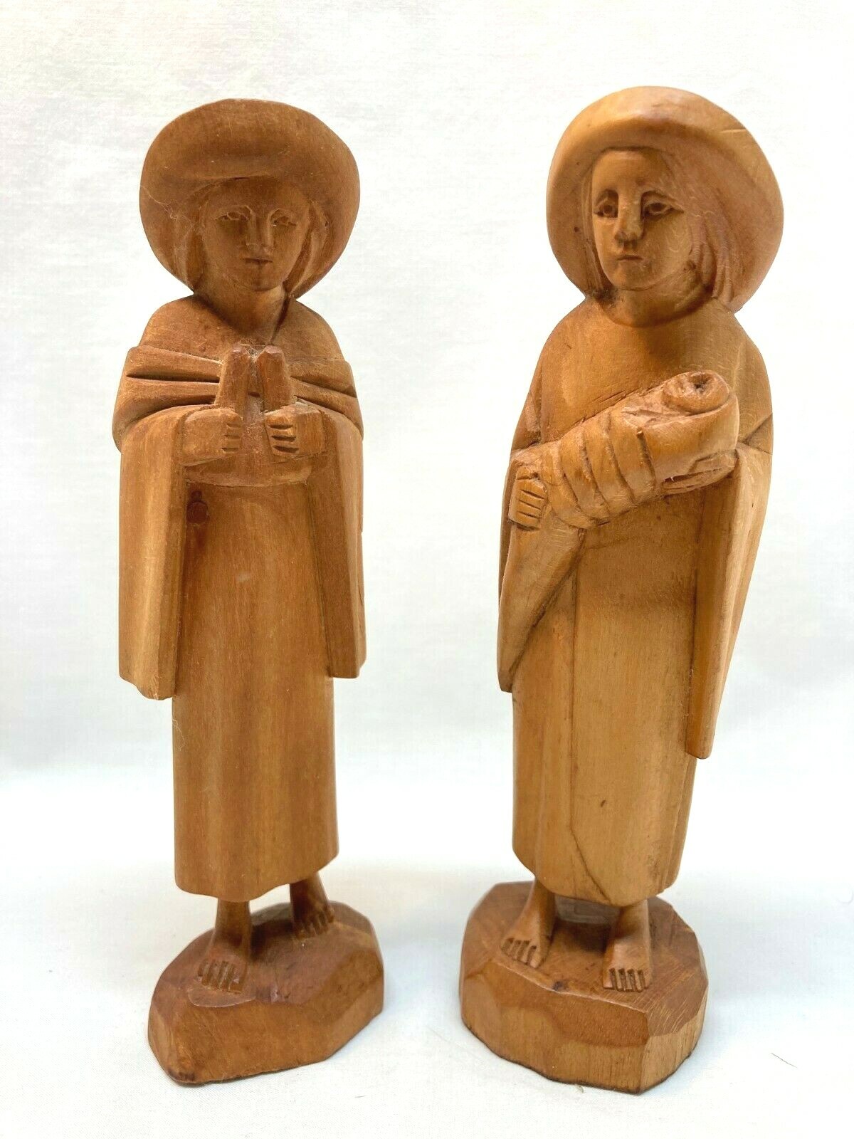 Wooden Folk Art Hand Carved Sculptures Woman with Baby & Man with Candles