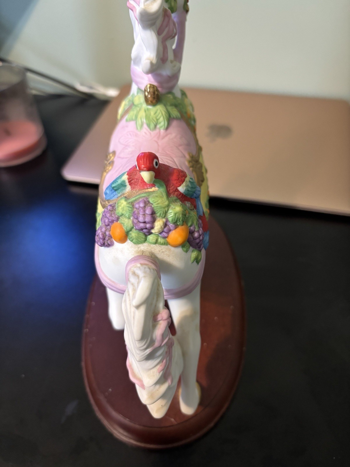 Lenox Carousel Porcelain Horse/Tropical Parrot Gold Trim Wood Pedestal Base 1992