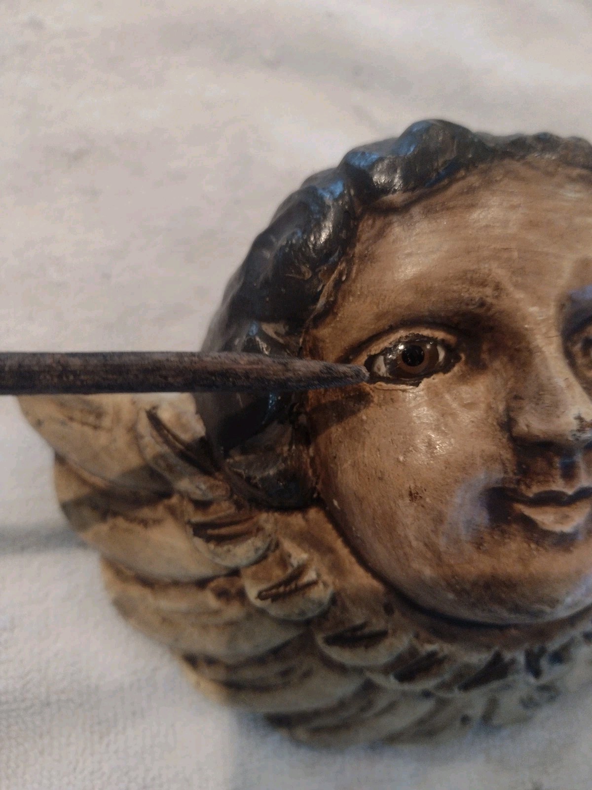 Antique Carved Wood Polychrome Putto Putti Angel Head with Glass Eyes READ