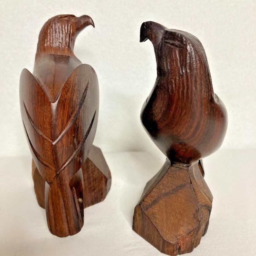 2 VTG Eagle Hawk Falcon Hand Carved Ironwood Pedestal Sculpture 5” & 5.5” Pair