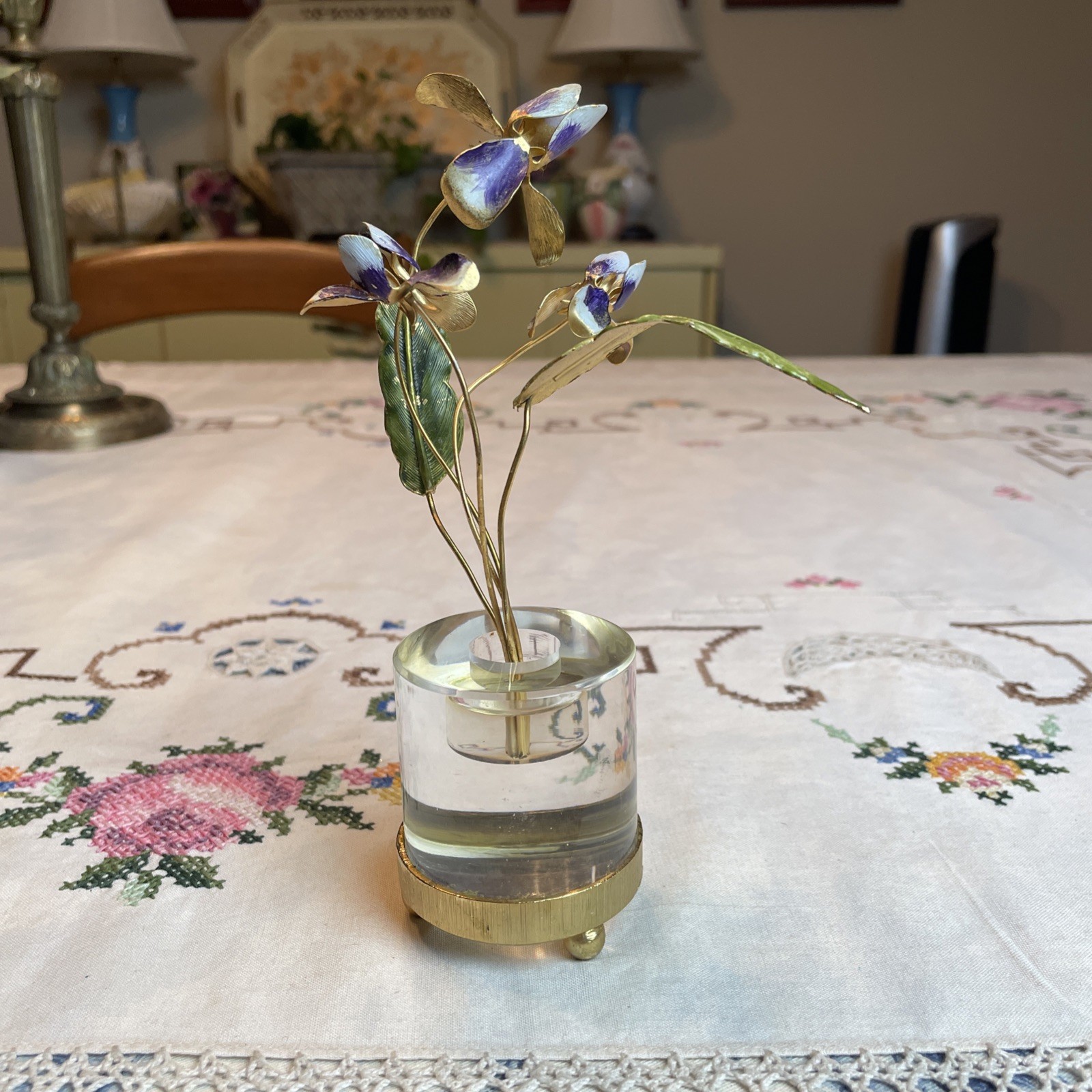 VTG Enameled Flowers w/Lucite Base Gorham Jane Hutcheson Fleurs Des Siecles