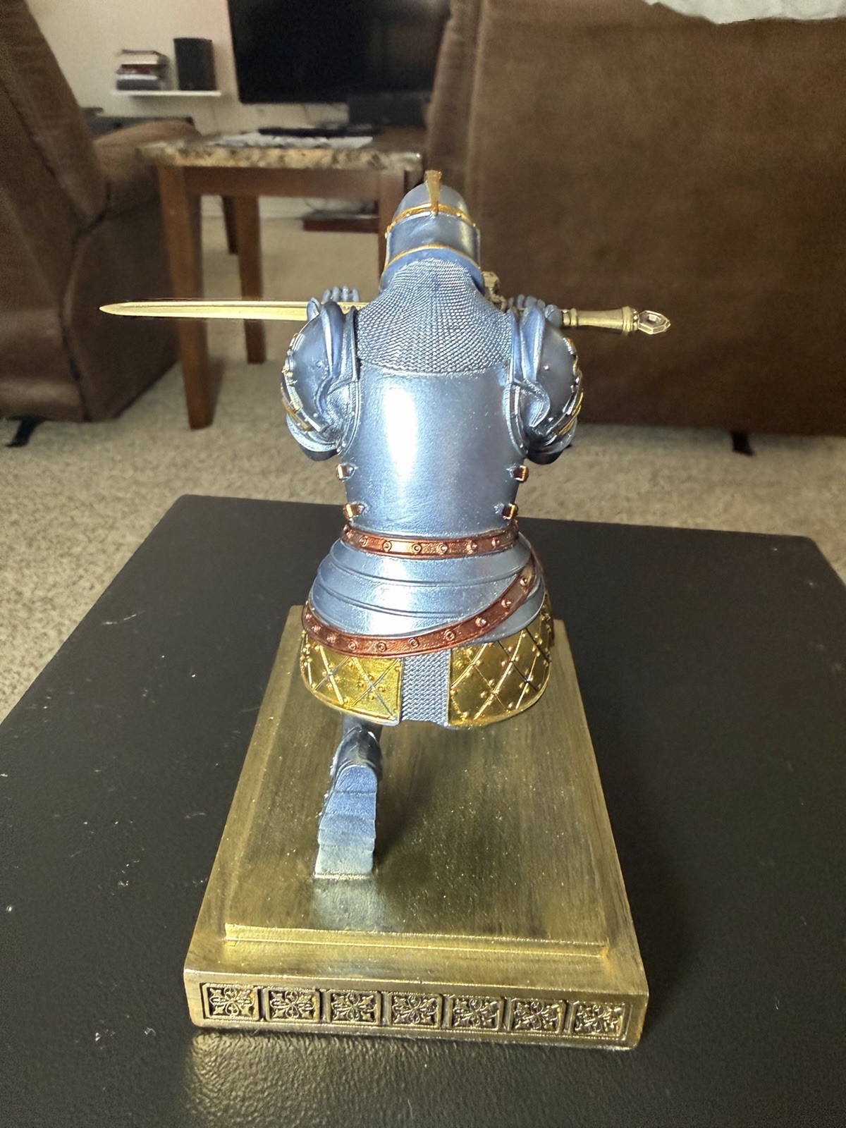 Medieval Knight Resin Figurine w/ Base, Antique Finish, 3D Effect Blue Gold