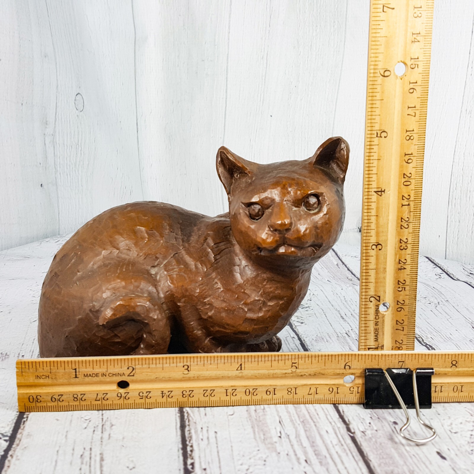 Faux Carved Wood 6″ Brown Cat Resin Figurine Statue 2lb Doorstop