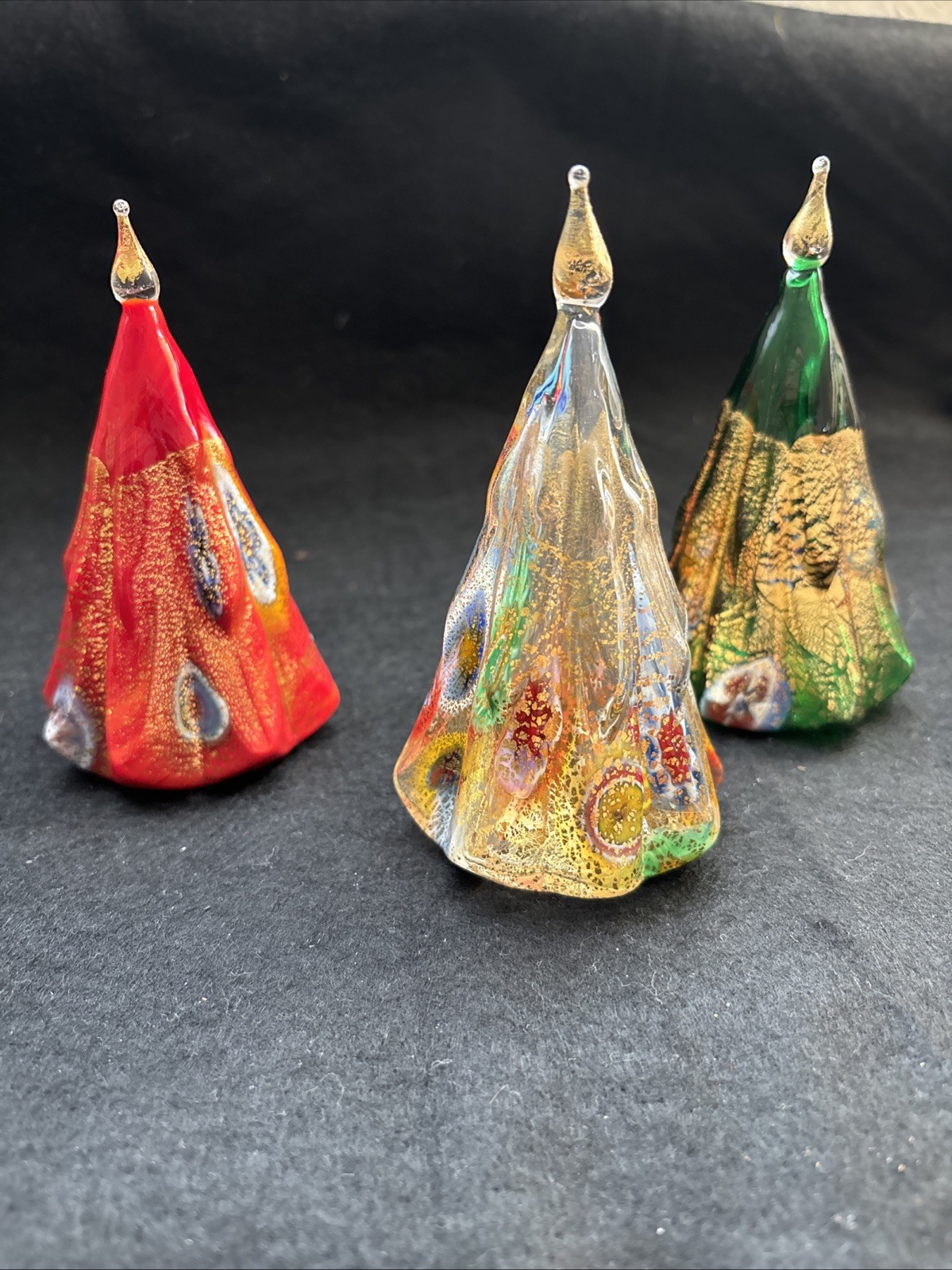 3 Murano Veteo Artístico Glass Christmas Trees Red, green And Gold