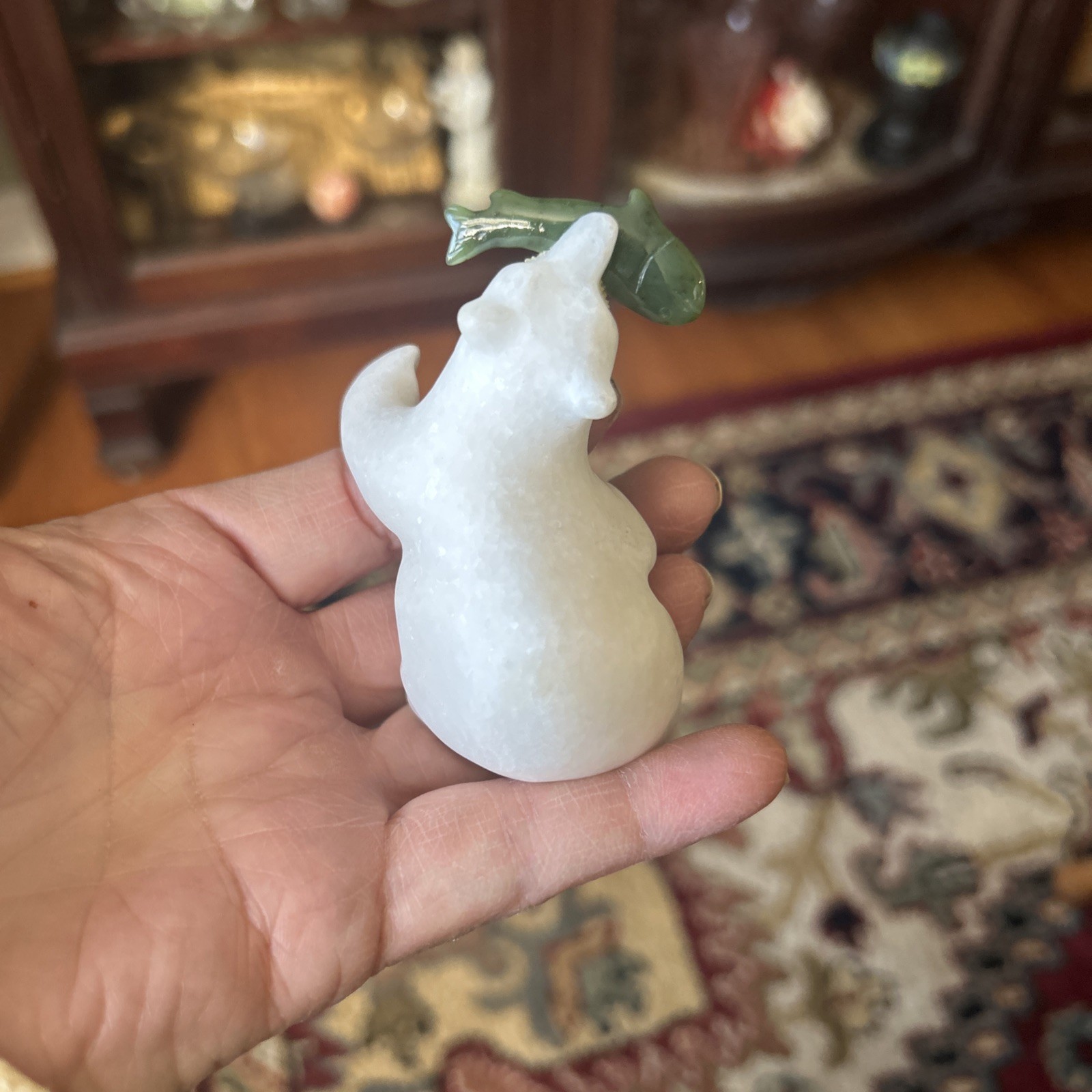 Hand Carved White Marble Polar Bear with Cassiar Green Jade Fish Figurine