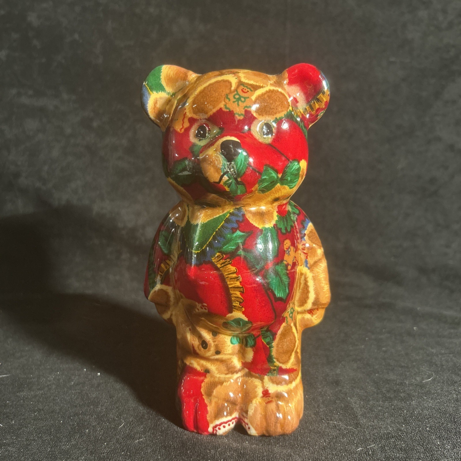 Joan Baker Vintage Teddy Bear Porcelain Fabric Figurine 7.5 inch Christmas