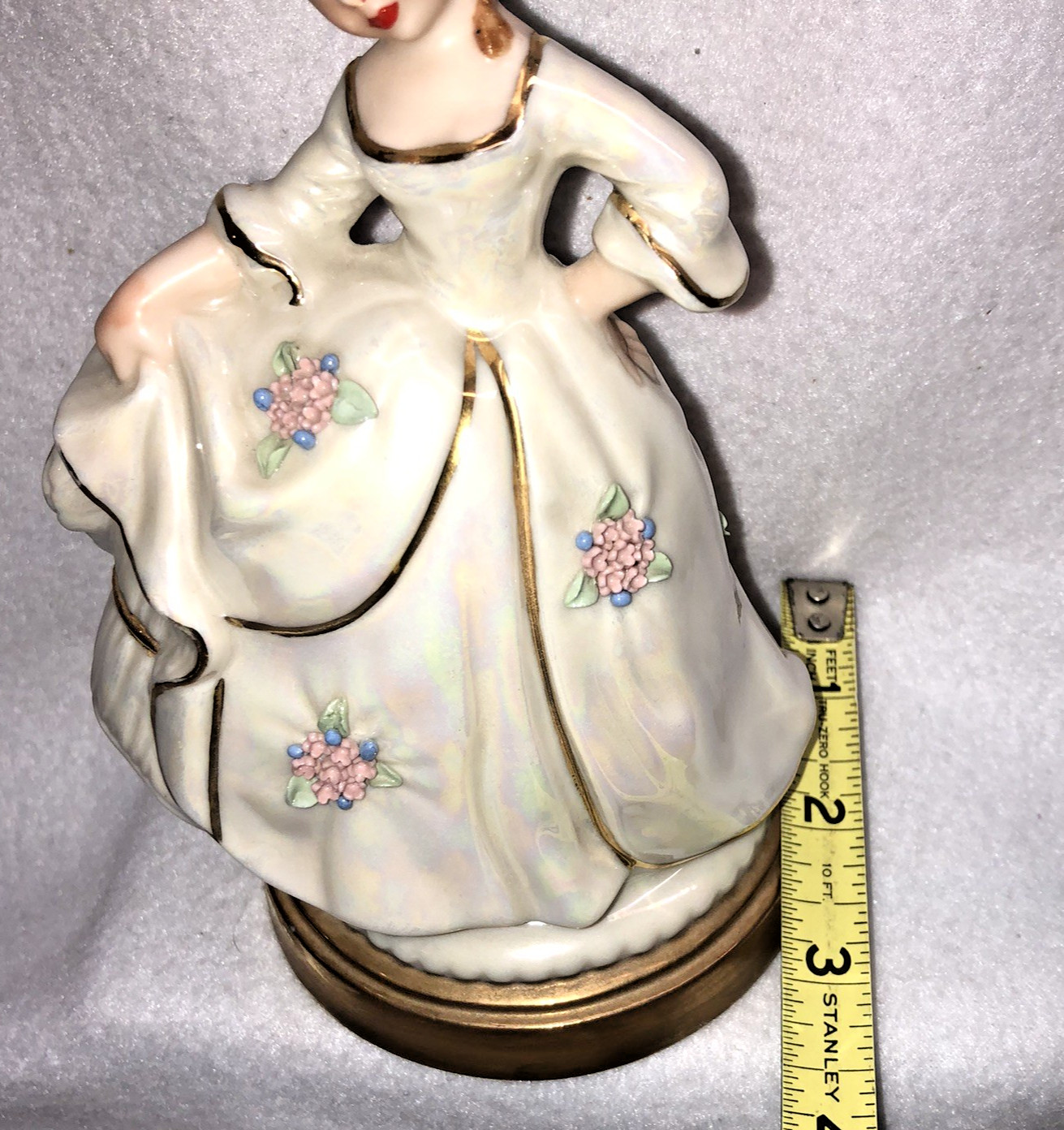 Vintage Porcelain Figurine Elegant Lady Hand Painted Applied Flowers Iridescent