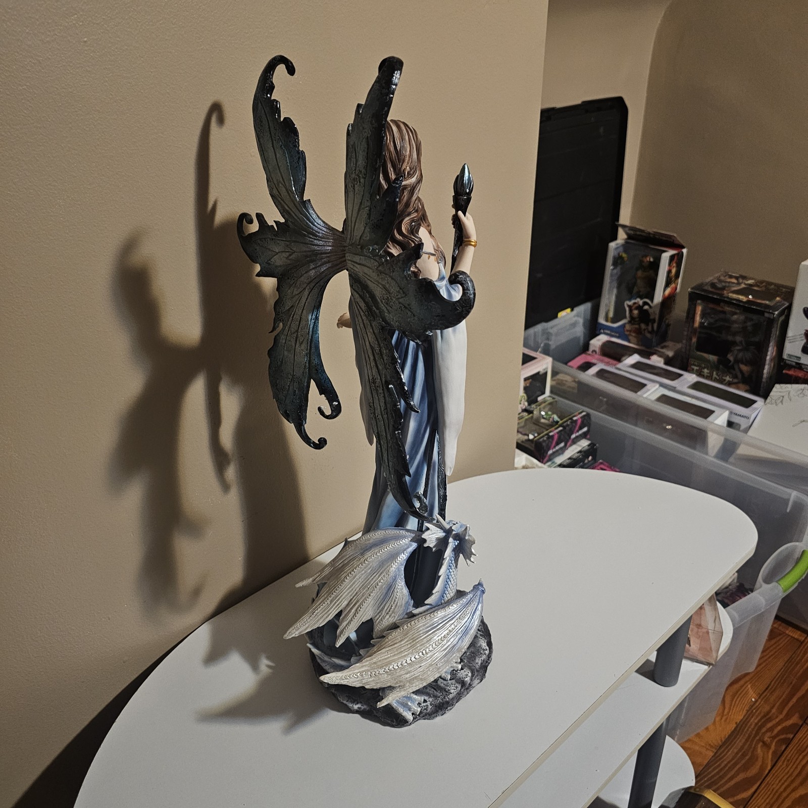 Fantasy Fairy Woman Figurine with Blue Dragon Blue Dress Painted Resin Statue