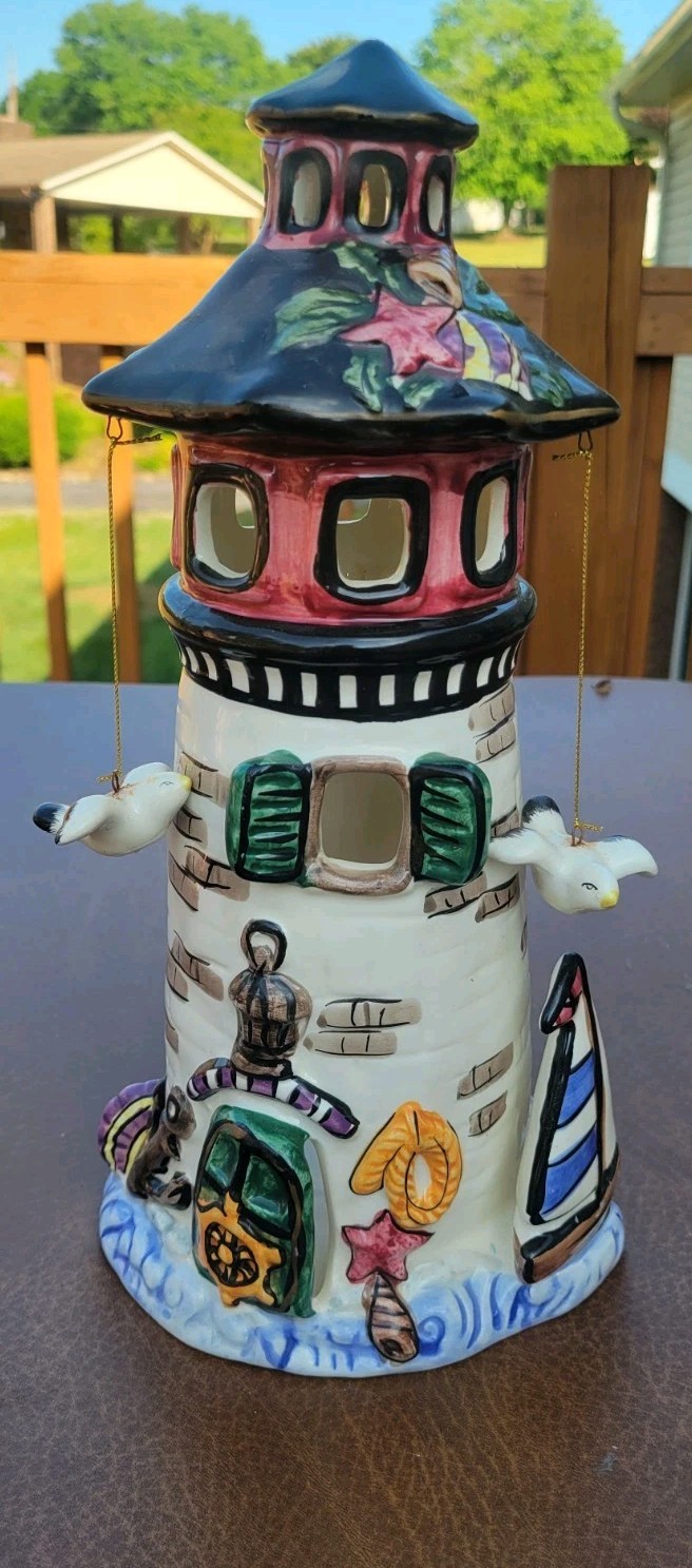Lighthouse Candle Holder Tealight Pottery Beach Ocean Nautical Figurine 11″ High
