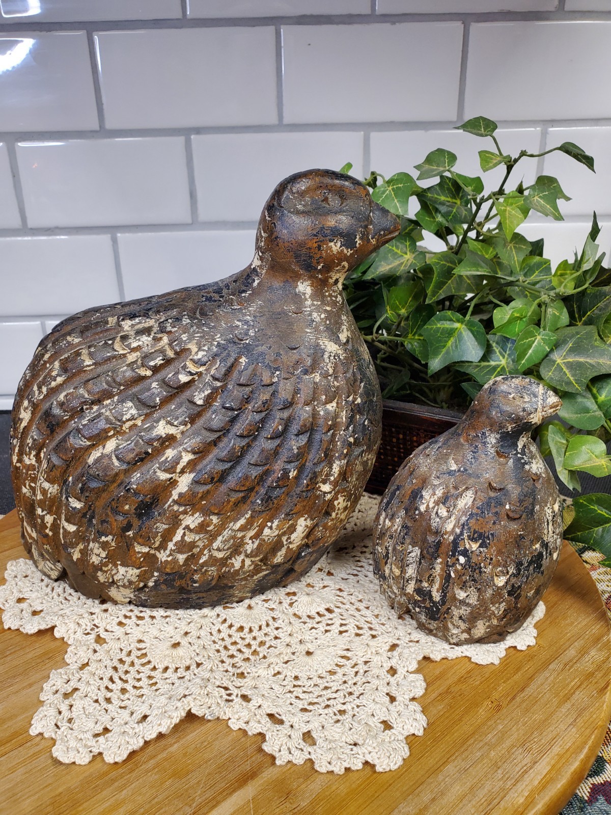 Rare Pair of Resin Wood-like Quail Hen & Chick Figurines