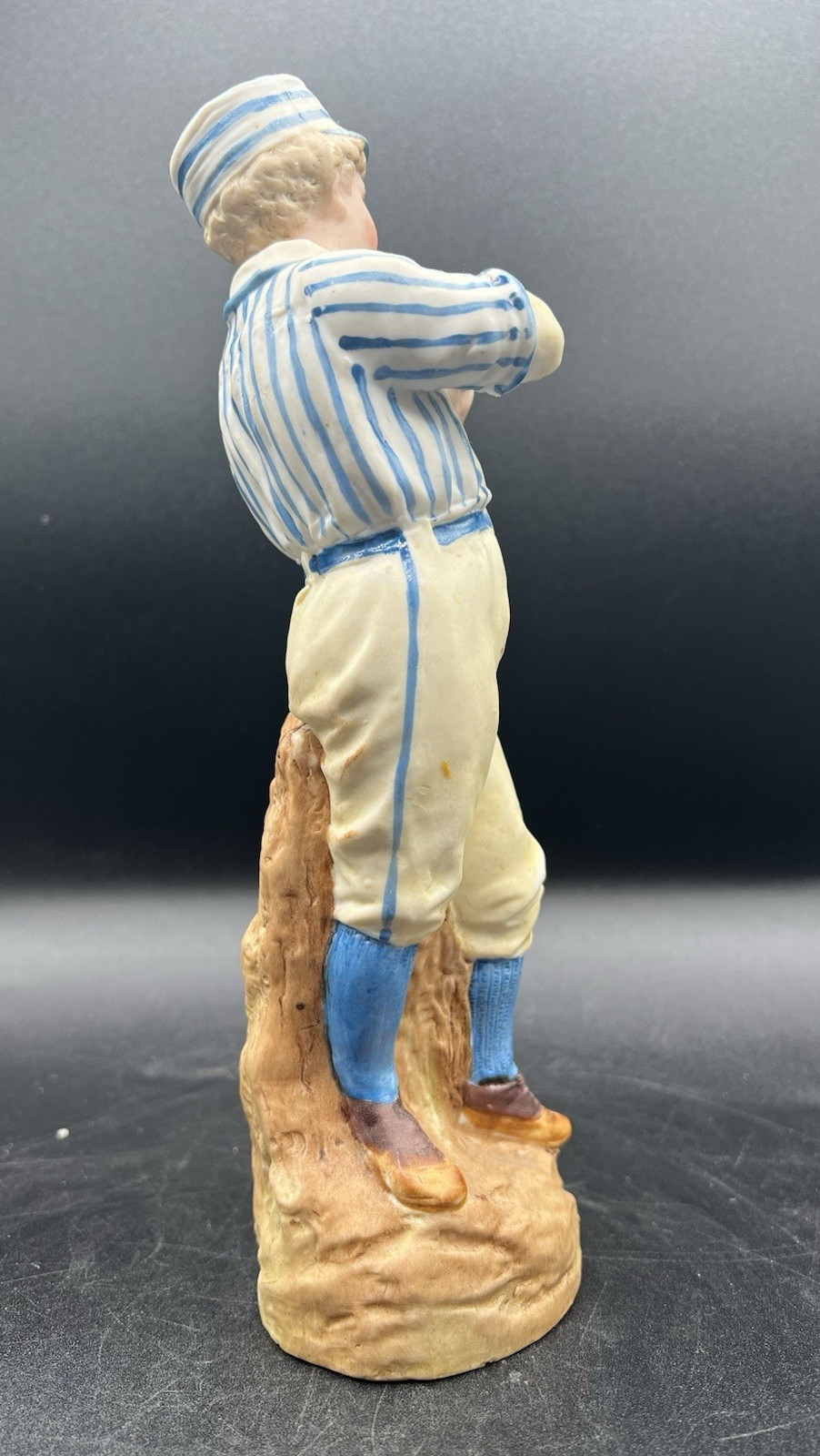 Gebruder Heubach-German Bisque-Baseball/Cricket Pitcher-Blue Striped Shirt 10″