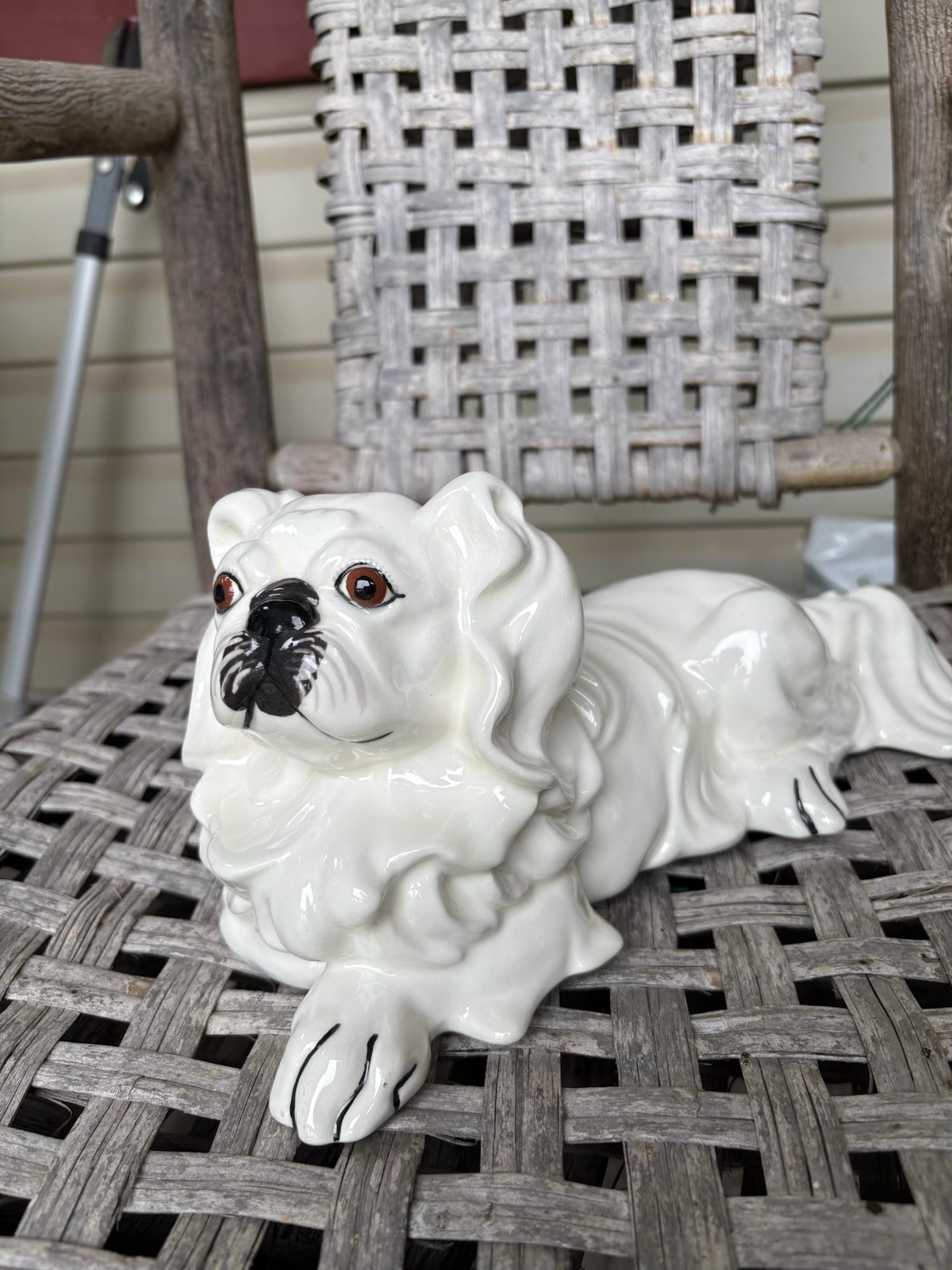 Vintage Pekingnese White Ceramic Dog Figurine Collectible Hand Painted 12” Long