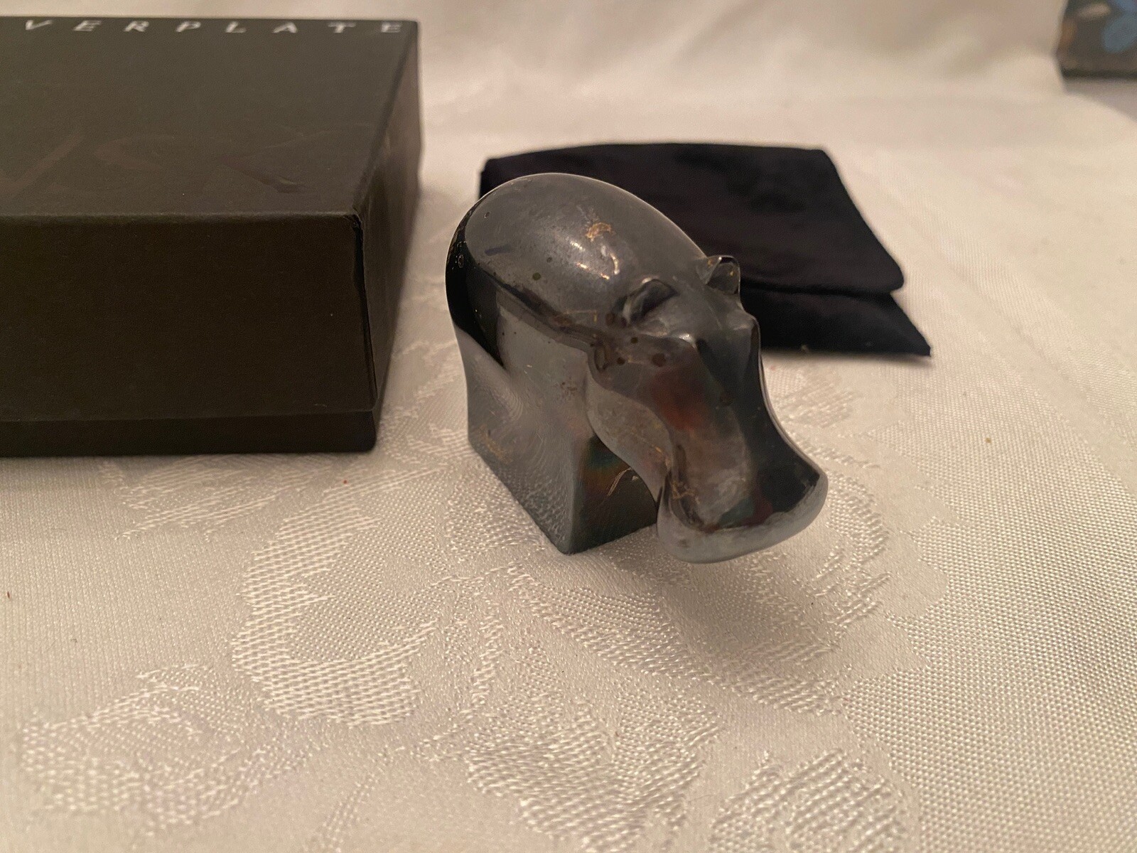 Vintage DANSK Silver plate HIPPOPOTAMUS Figurine Original Box & Bag 6 of 7