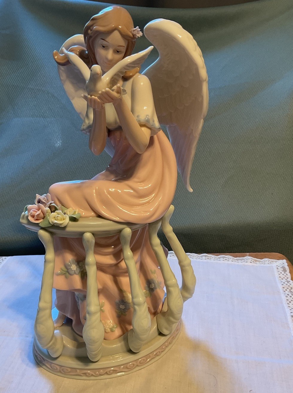 Porcelain Hand Painted Angel Garden Rail Dove in Hand 12” Figurine