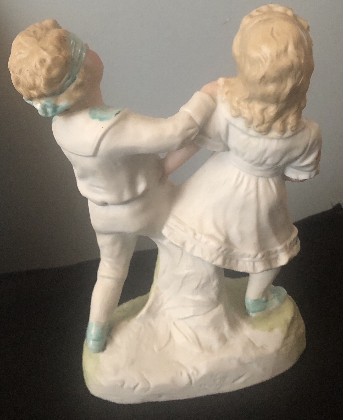 German Heubach Bisque Blind Man’s Bluff Figurine Painted Red Roses 7 3/4