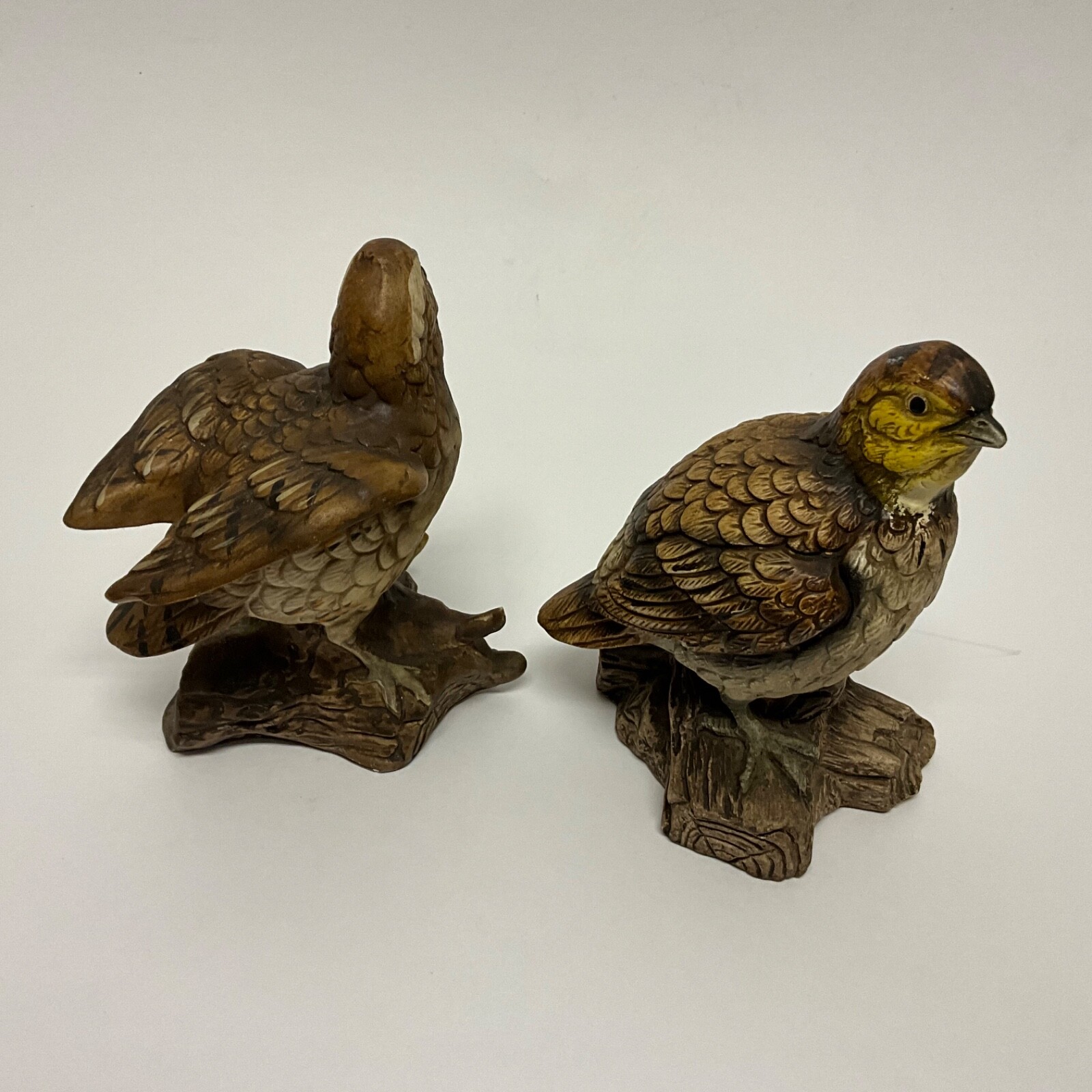 VINTAGE PAIR OF NORLEANS HAND PAINTED CERAMIC BROWN BIRD ON BRANCH FIGURINES 7”