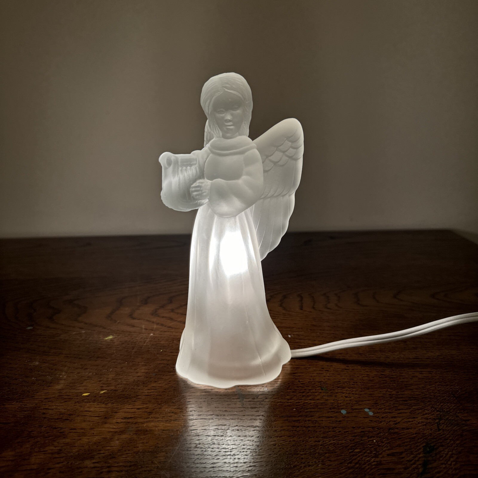 Vintage Light Up Clear Frosted Glass Angel Figurine Holding Harp, 6.5”
