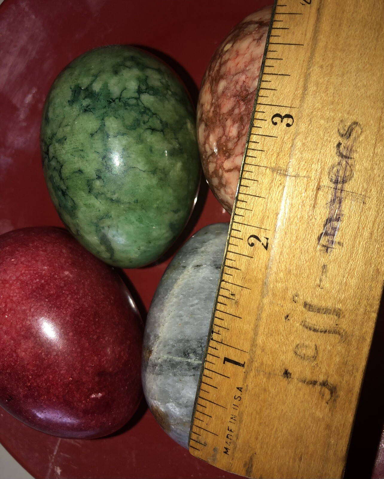 LOT 4 MARBLE / ALABASTER EASTER EGGS 2” RED GREEN GRAY BROWN BEIGE